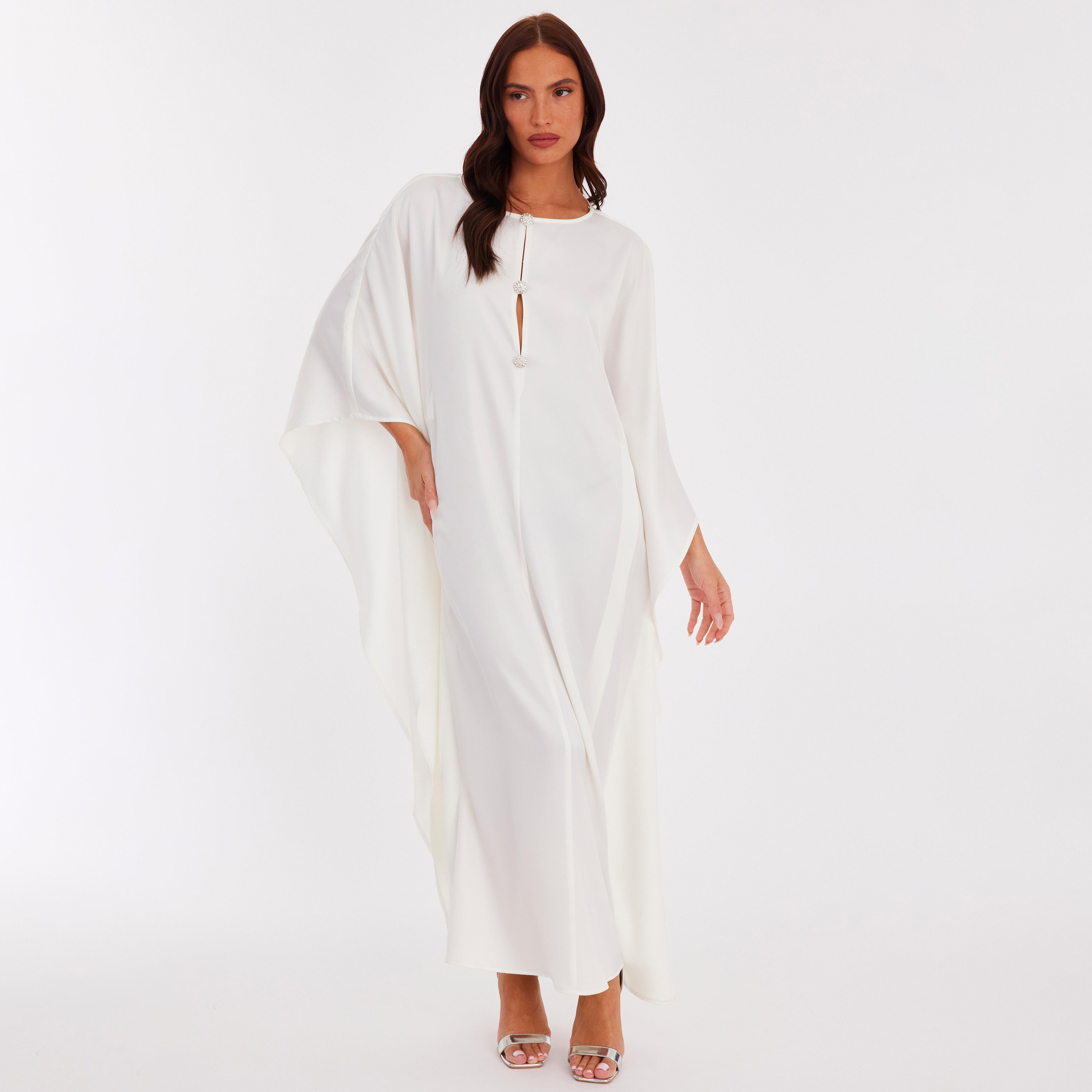 فستان قفطان نسائي بأكمام خفاش من الساتان - كريمي من كويز-women-clothing-dresses-image-1