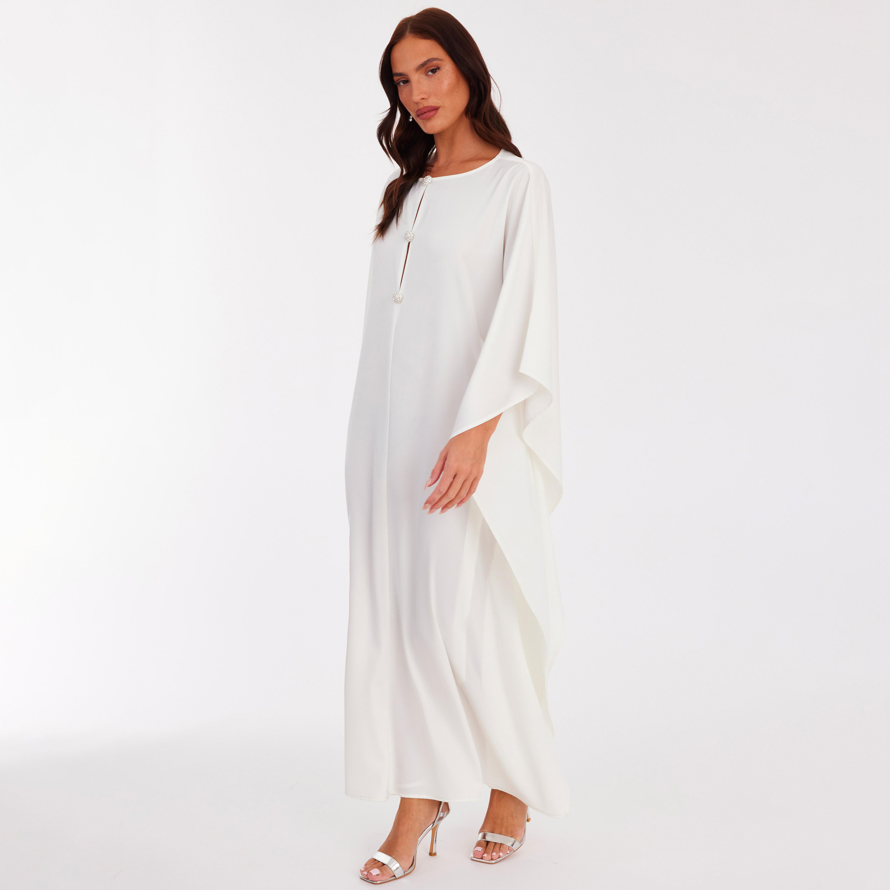 فستان قفطان نسائي بأكمام خفاش من الساتان - كريمي من كويز-women-clothing-dresses-image-2