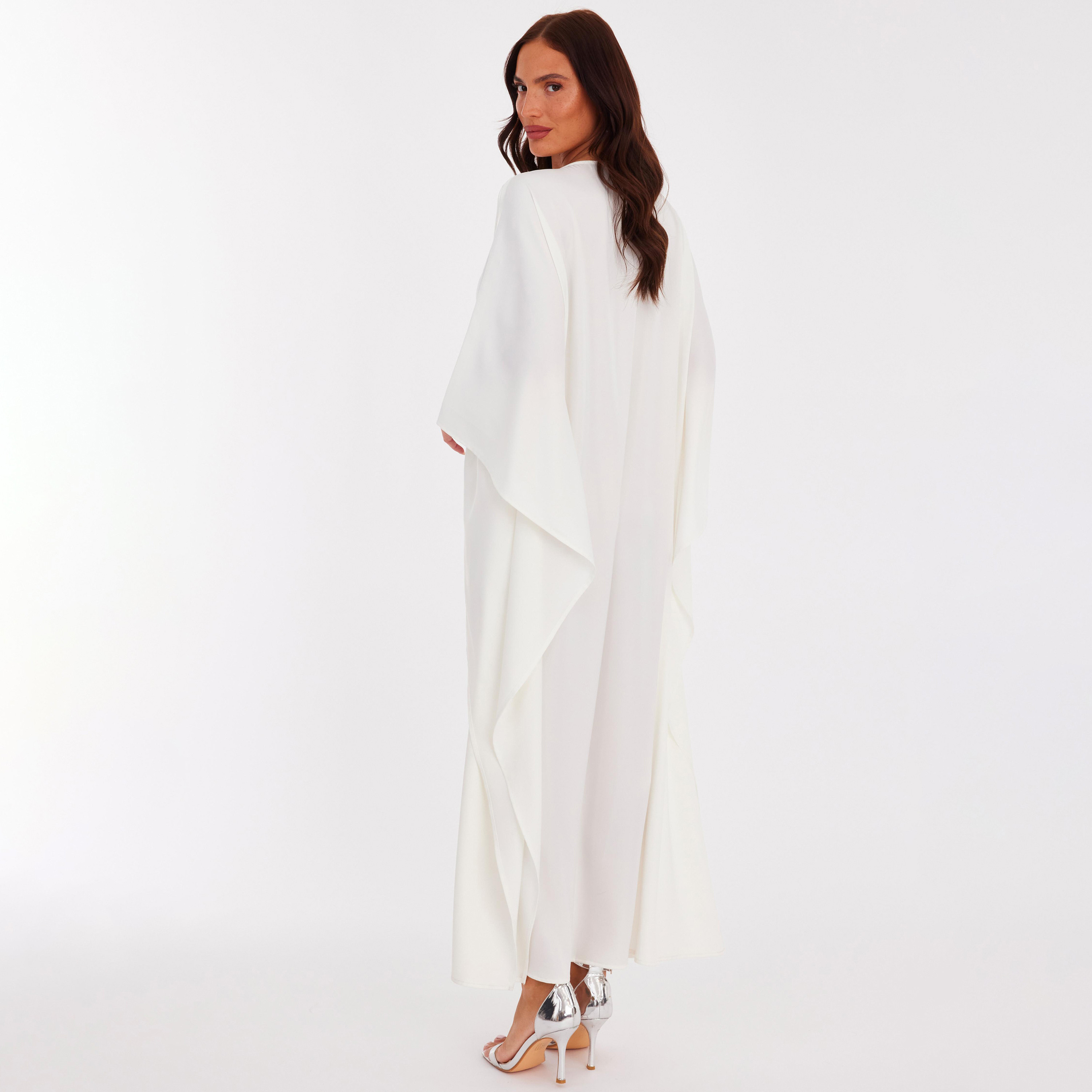 فستان قفطان نسائي بأكمام خفاش من الساتان - كريمي من كويز-women-clothing-dresses-image-3