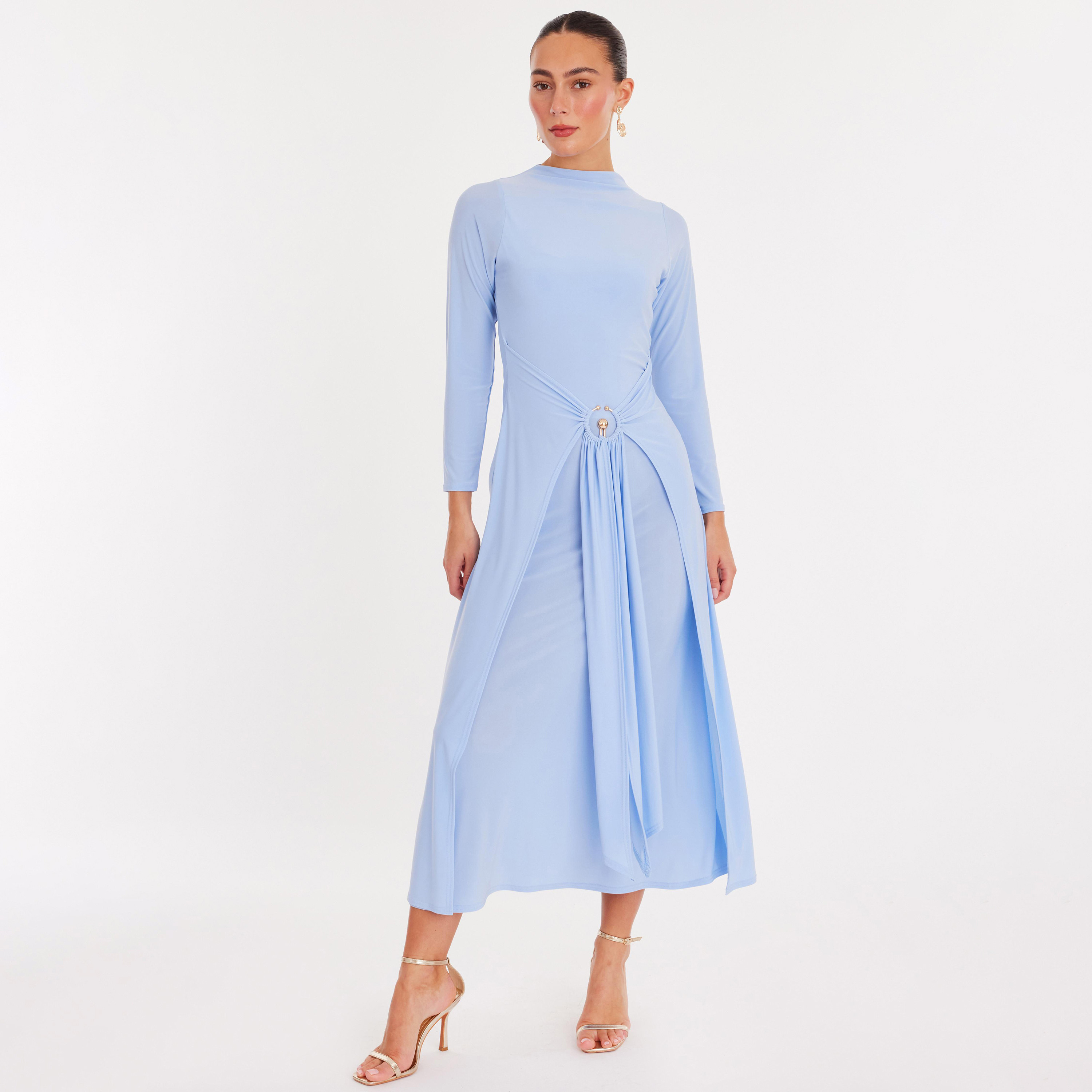 فستان نسائي بياقة عالية قماش ITY - أزرق فاتح من كويز-women-clothing-dresses-image-1