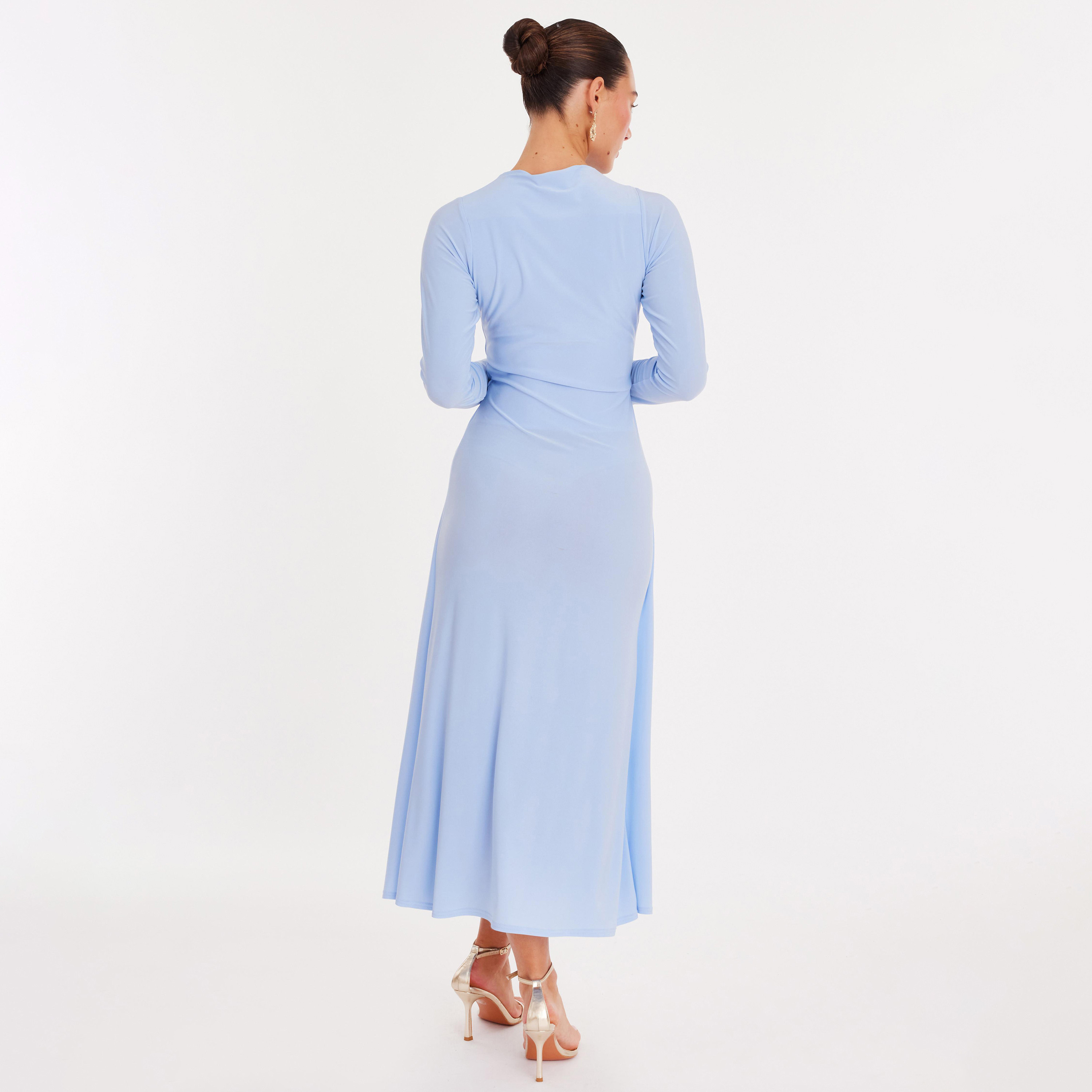 فستان نسائي بياقة عالية قماش ITY - أزرق فاتح من كويز-women-clothing-dresses-image-3