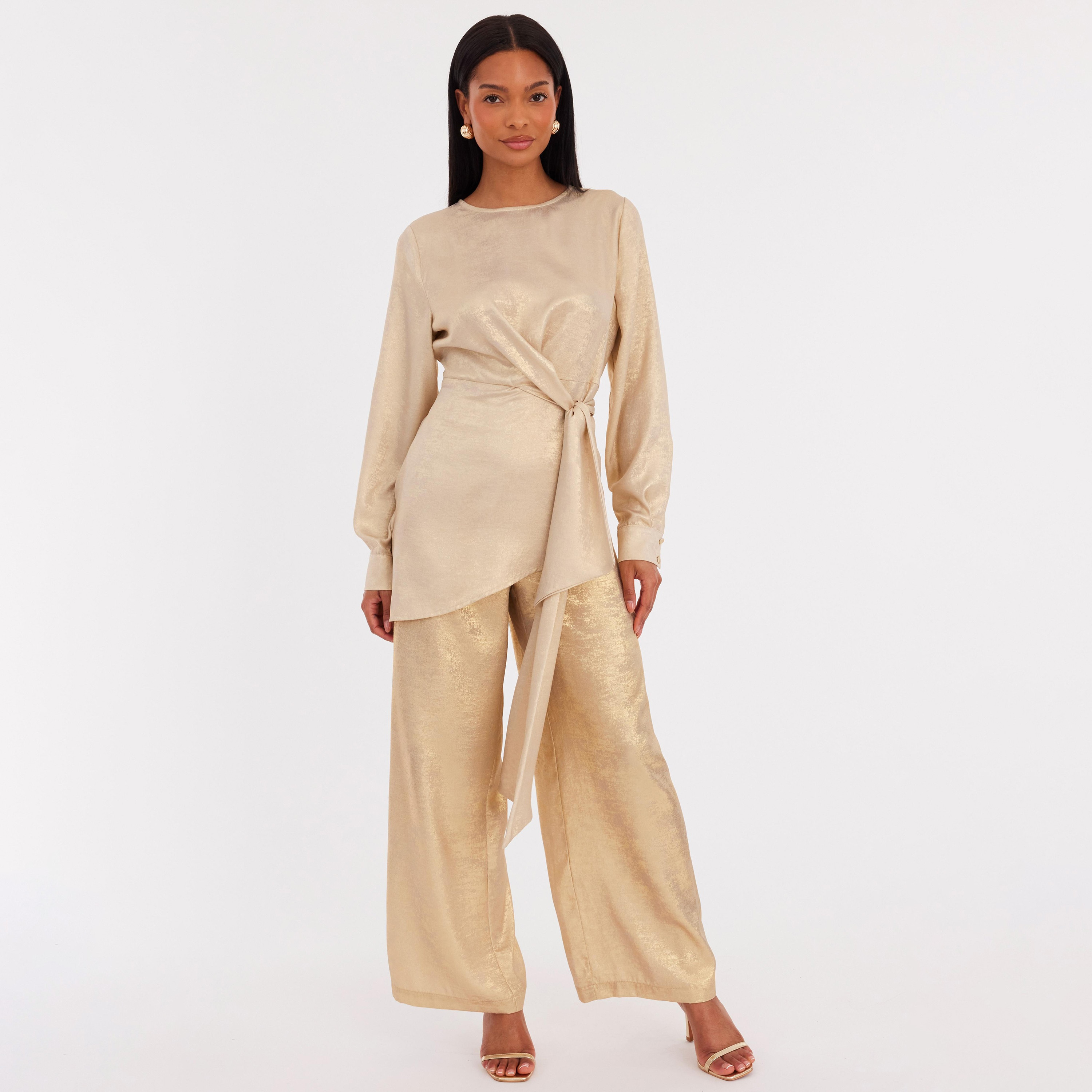 بنطلون نسائي بأرجل واسعة من الشيفون اللامع - ذهبي من كويز-women-clothing-bottoms-trousers-image-2