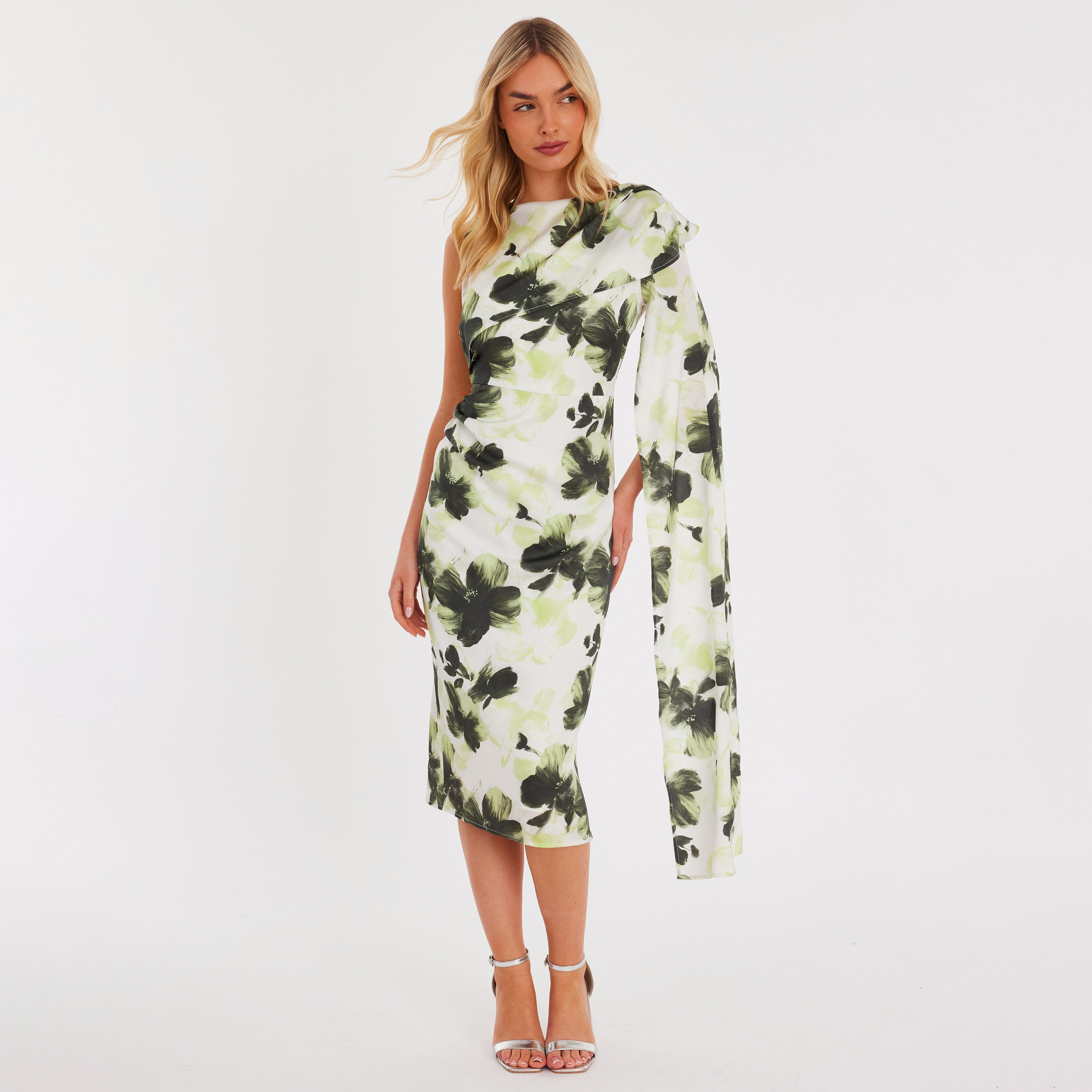 Quiz Multicolour Floral Print Satin Cape Sleeve Sheath Women's Dress-women-clothing-dresses-image-1
