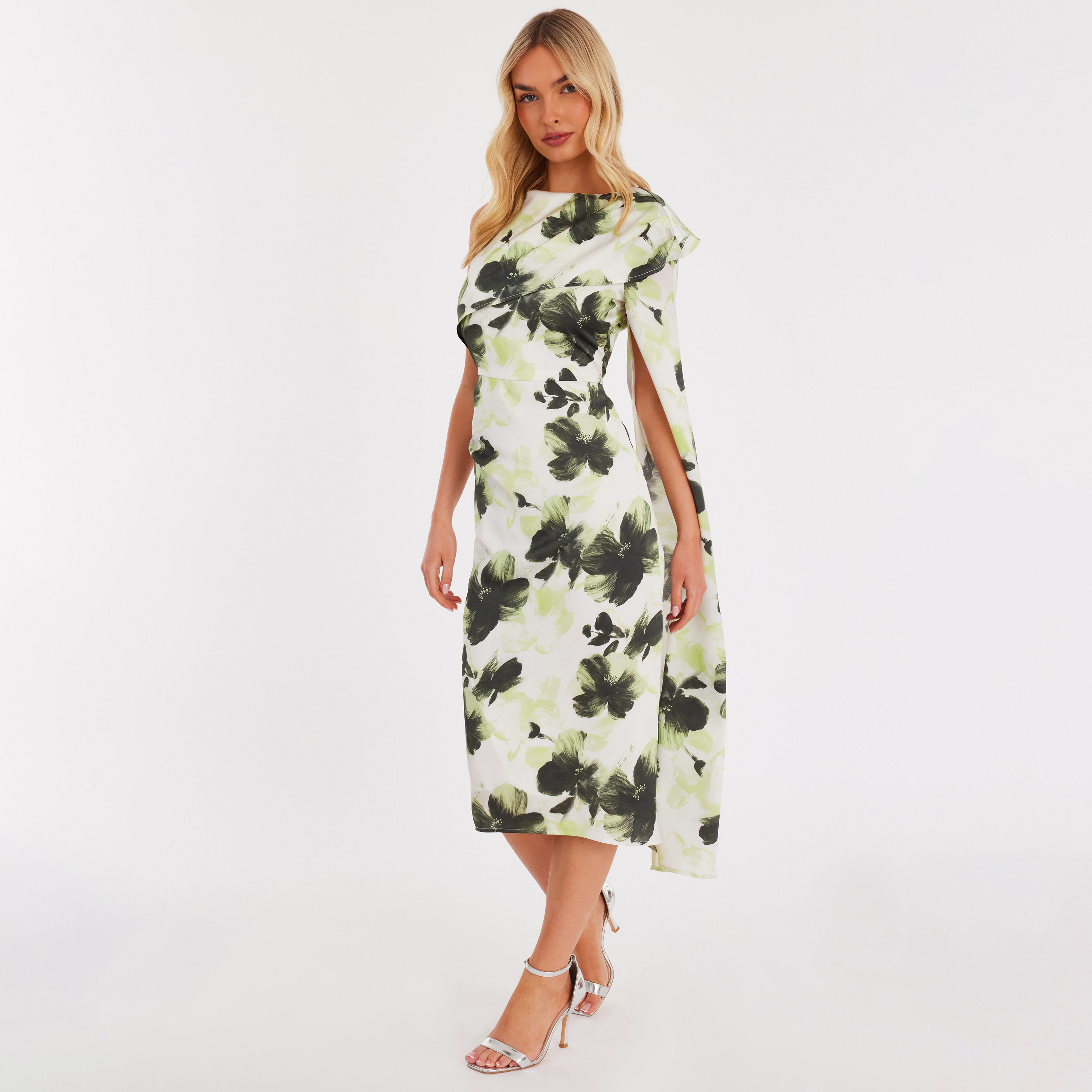 Quiz Multicolour Floral Print Satin Cape Sleeve Sheath Women's Dress-women-clothing-dresses-image-2