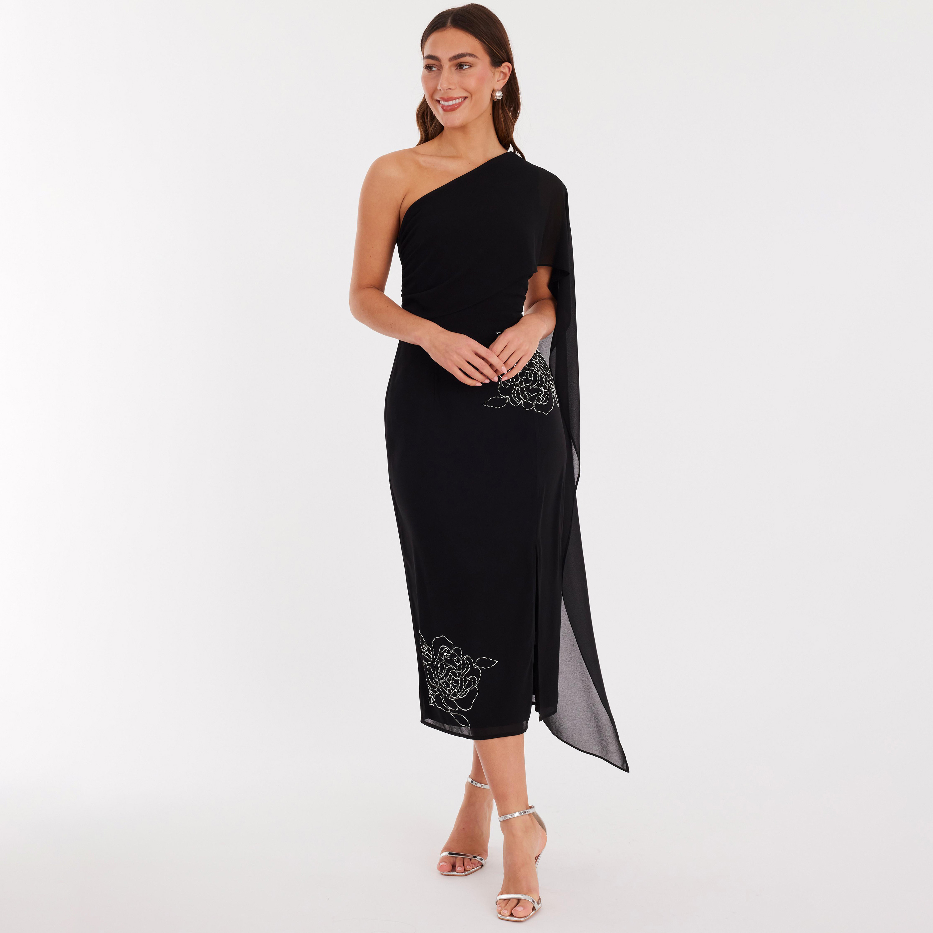 Quiz Black Hotfix Stone Chiffon One Shoulder Cape Sleeve Slit Women's Dress-women-clothing-dresses-image-1