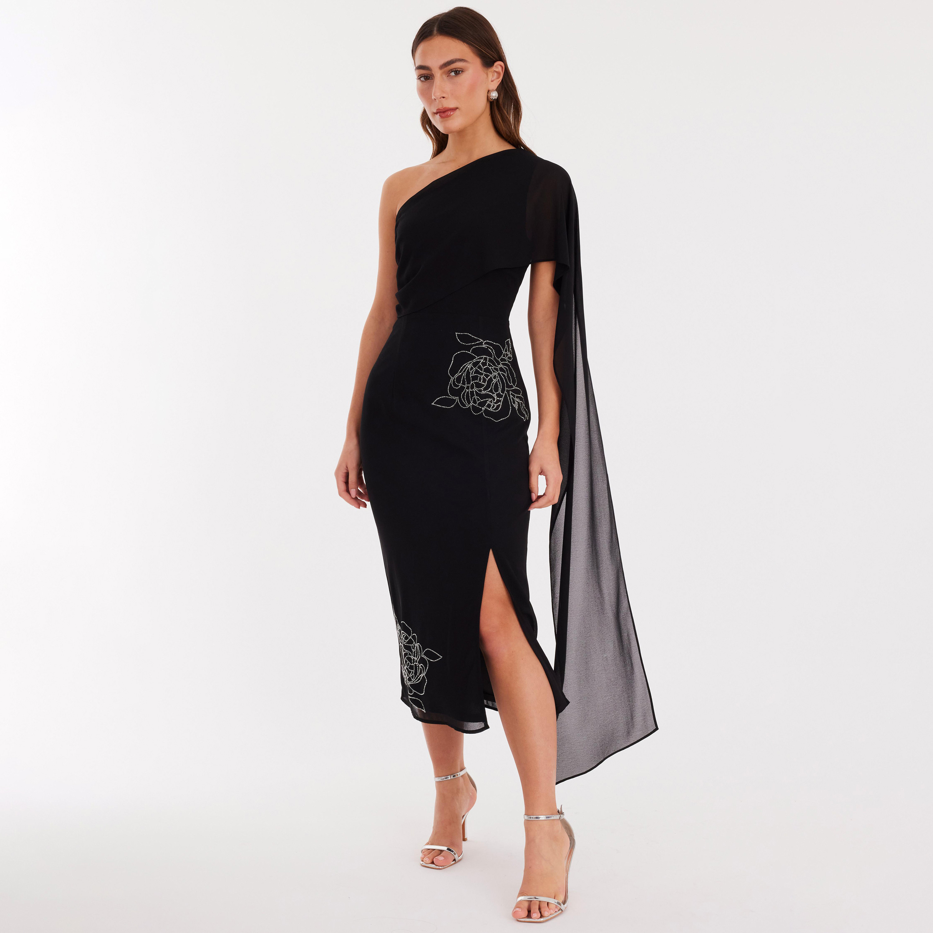 Quiz Black Hotfix Stone Chiffon One Shoulder Cape Sleeve Slit Women's Dress-women-clothing-dresses-image-2