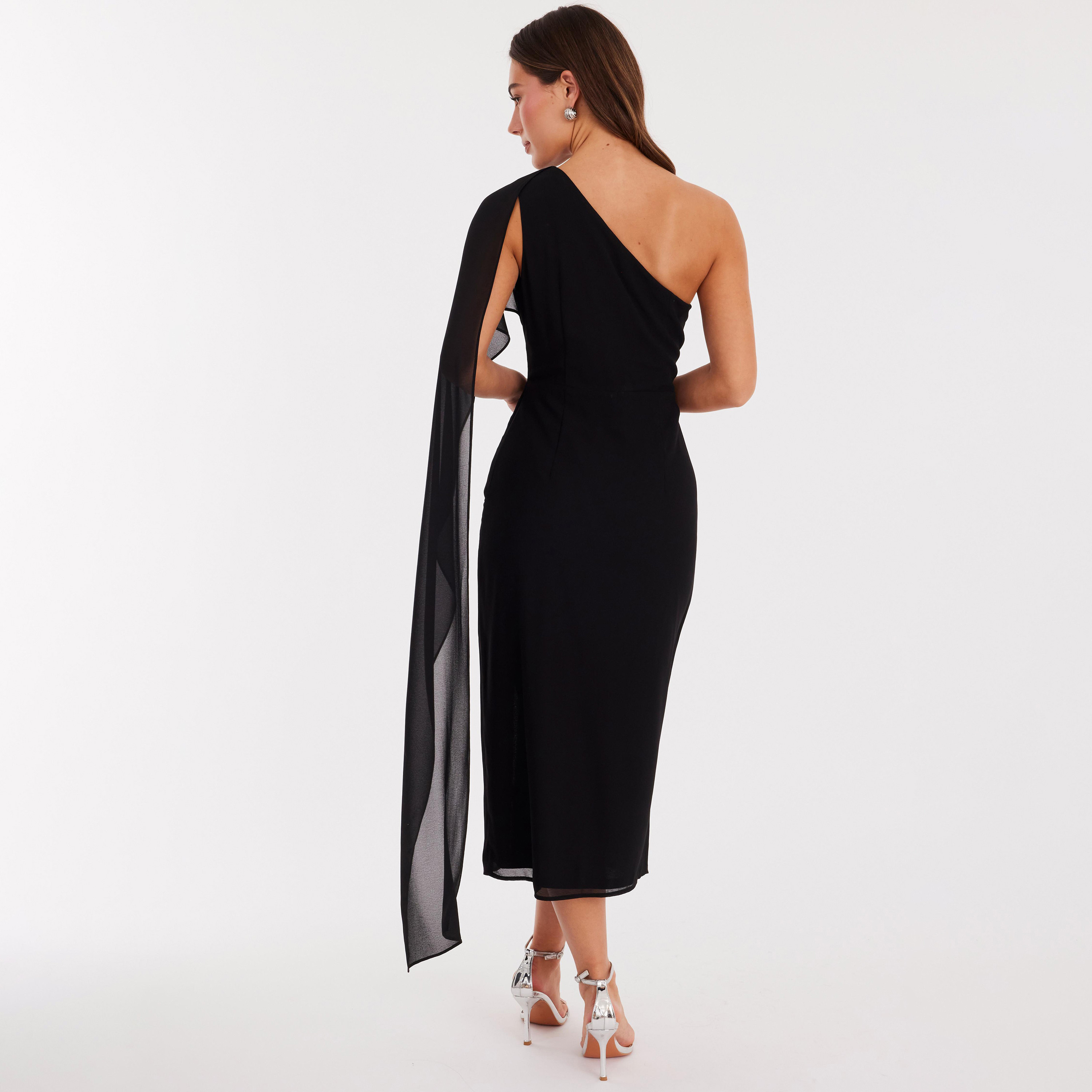 Quiz Black Hotfix Stone Chiffon One Shoulder Cape Sleeve Slit Women's Dress-women-clothing-dresses-image-3