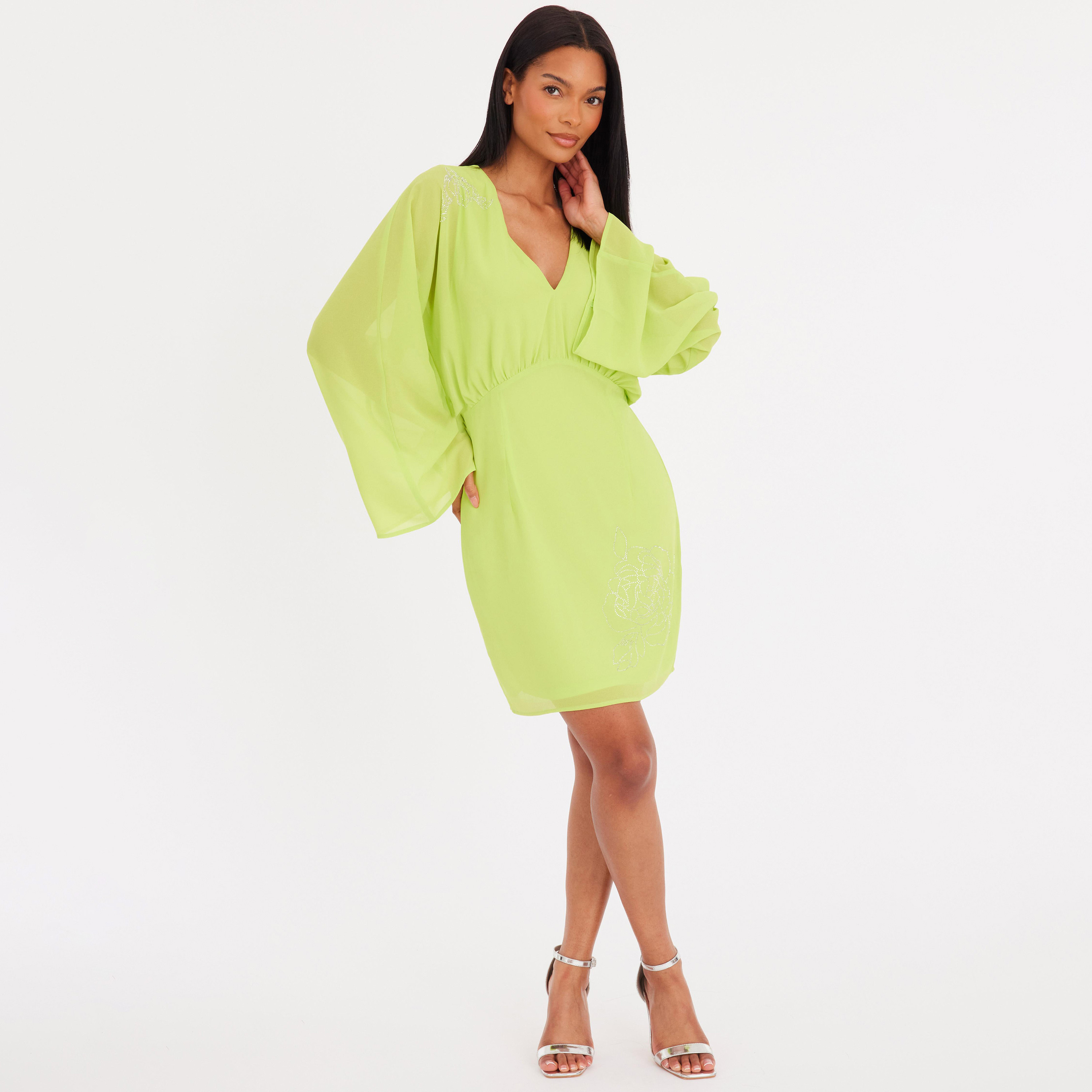 Quiz Lime Hotfix Stone Chiffon Wide Sleeves Empire Women's Dress-women-clothing-dresses-image-1
