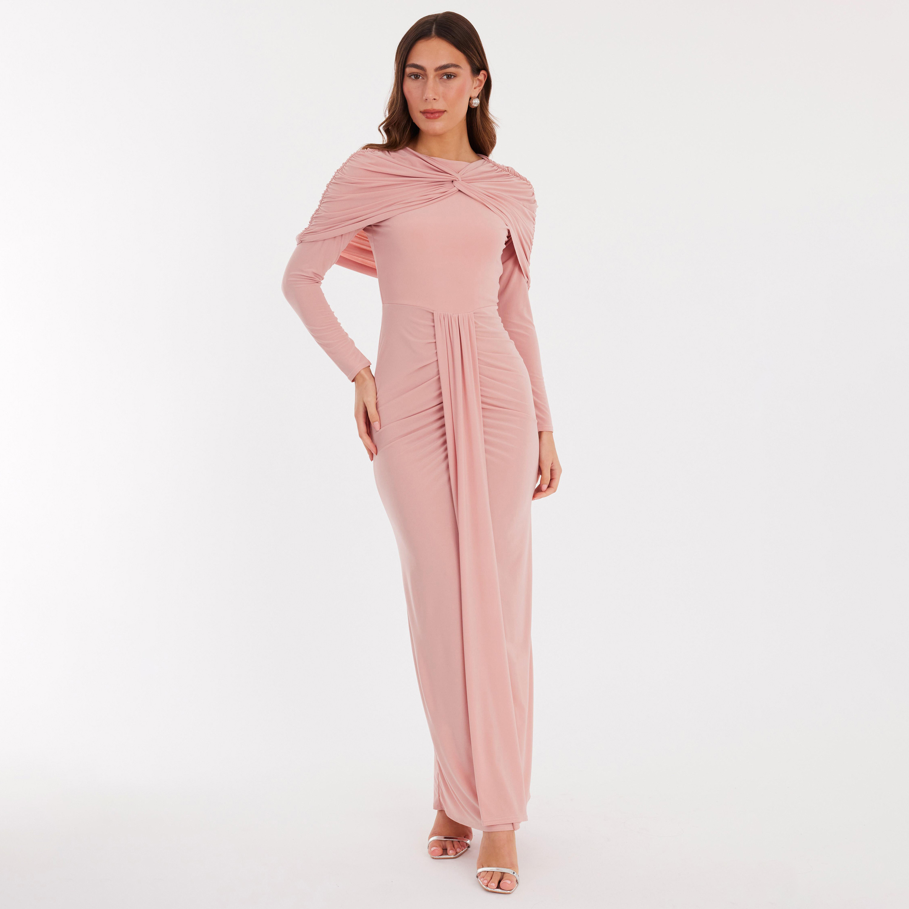 فستان نسائي مستقيم بتفاصيل مزمومة قماش ITY - وردي باهت من كويز-women-clothing-dresses-image-1