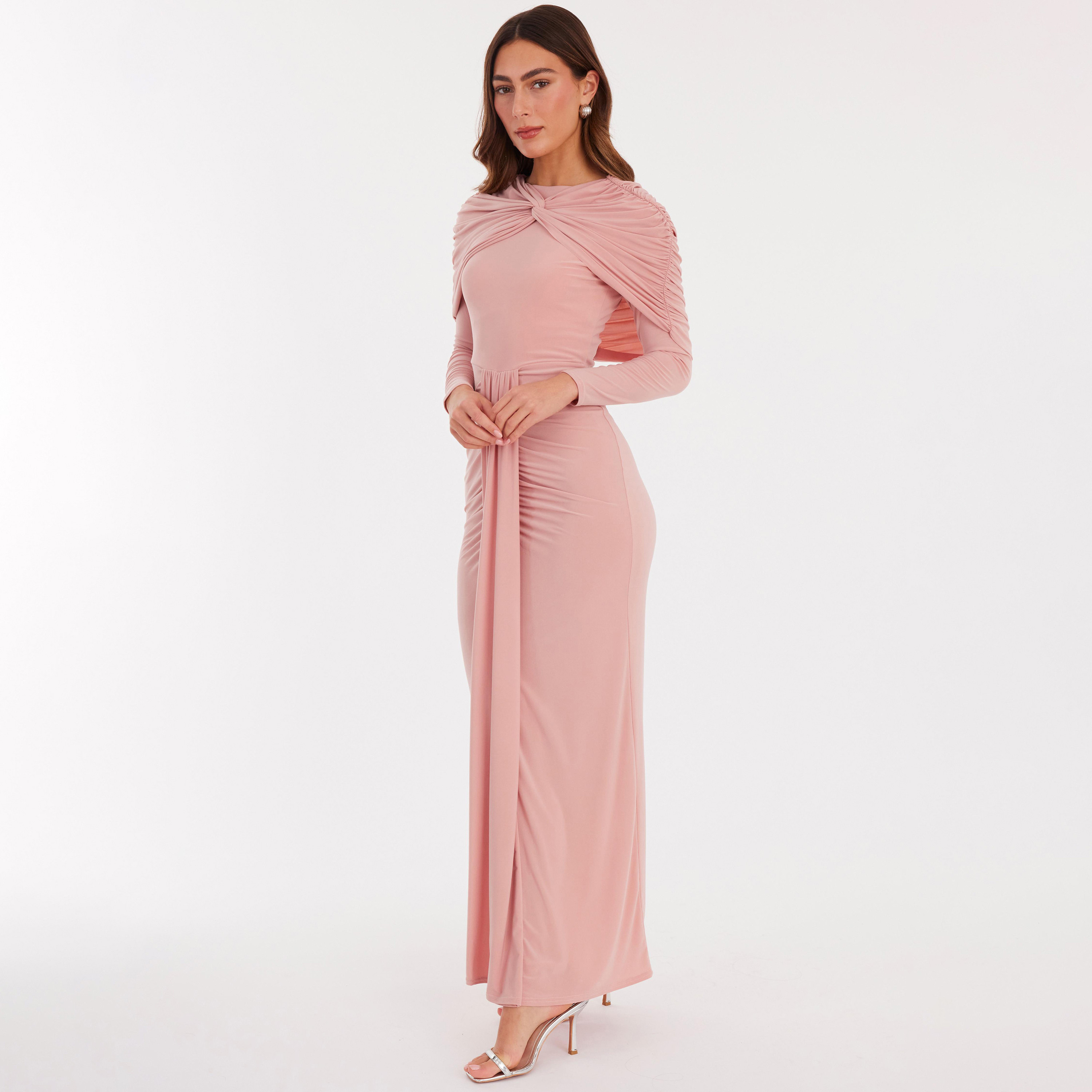 فستان نسائي مستقيم بتفاصيل مزمومة قماش ITY - وردي باهت من كويز-women-clothing-dresses-image-2