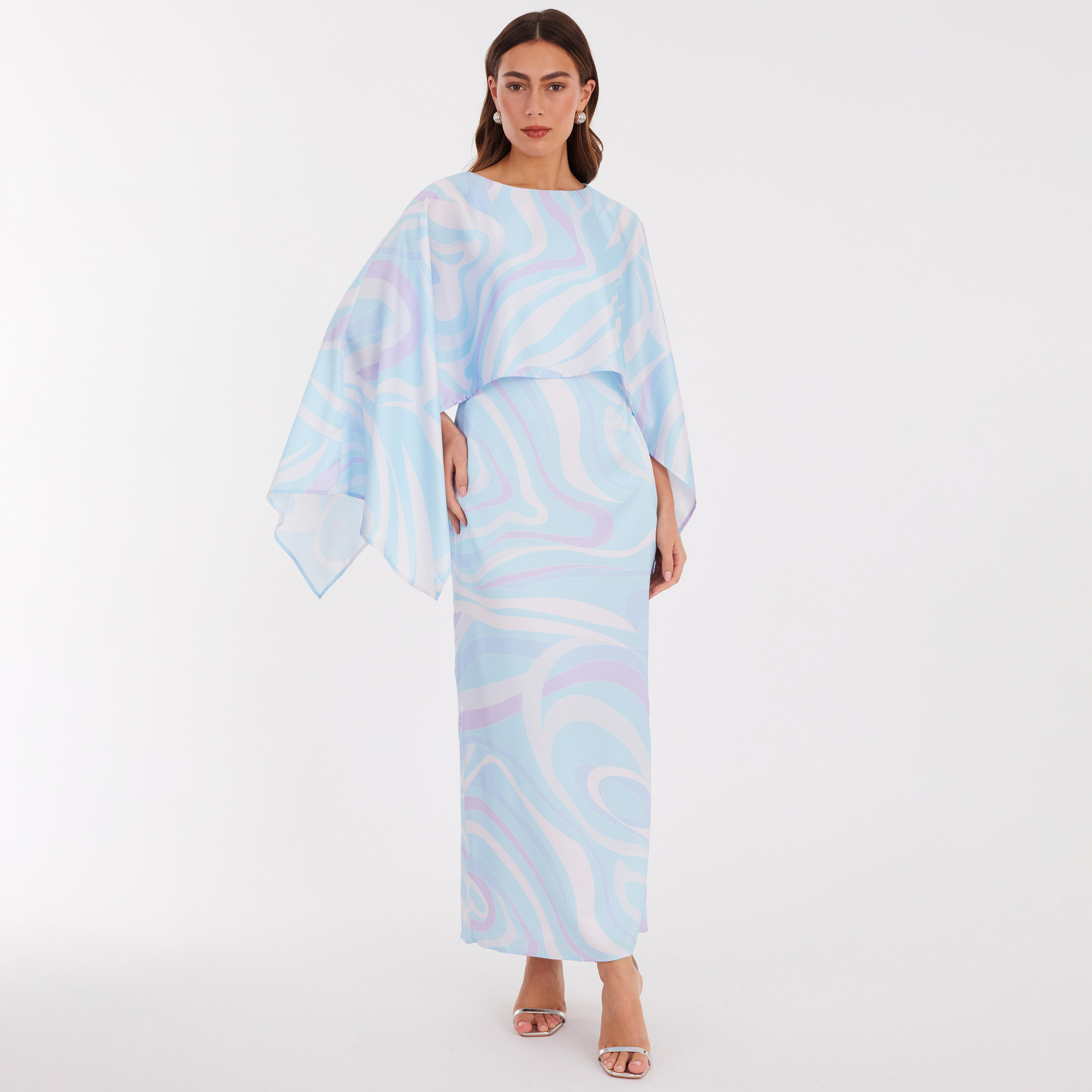 Quiz Pale Blue Abstract Print Satin Women's Cape Overlay Dress-women-clothing-dresses-image-1