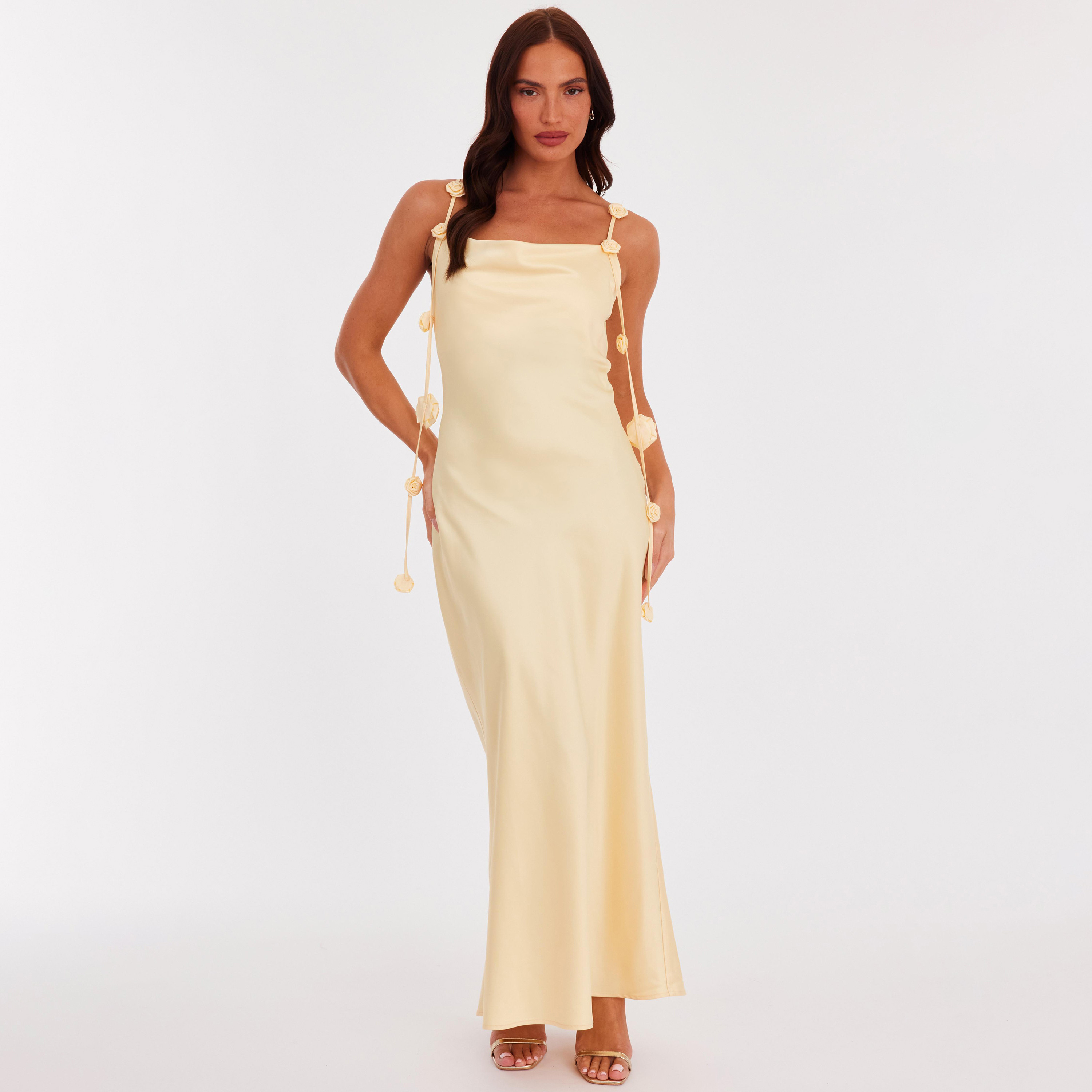 Quiz Lemon Satin Shoulder Straps Slip Women's Dress-women-clothing-dresses-image-1