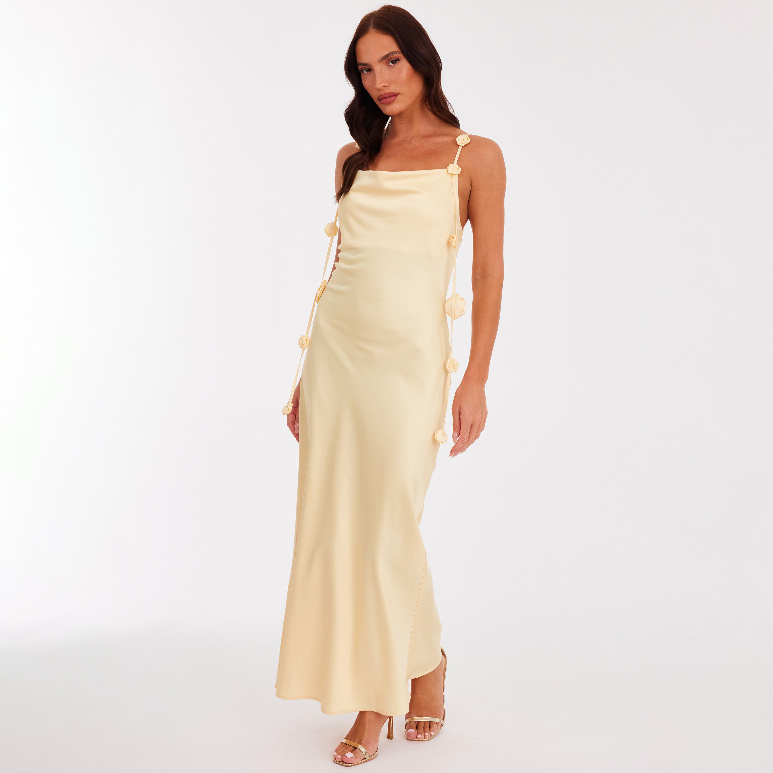 Quiz Lemon Satin Shoulder Straps Slip Women's Dress-women-clothing-dresses-image-2