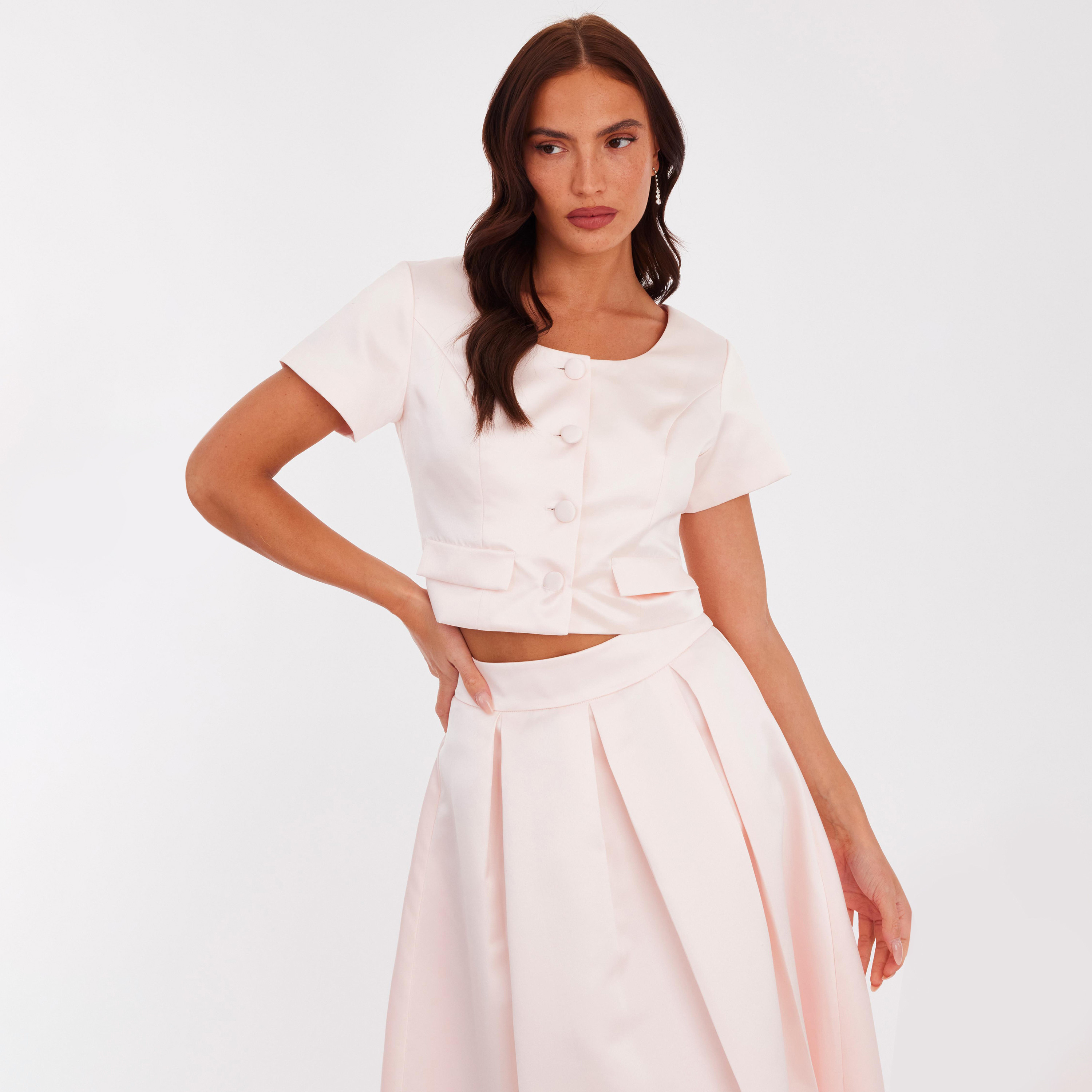توب نسائي من قماش التافتا - وردي فاتح من كويز-women-clothing-shirtsandblouses-blouses-image-1
