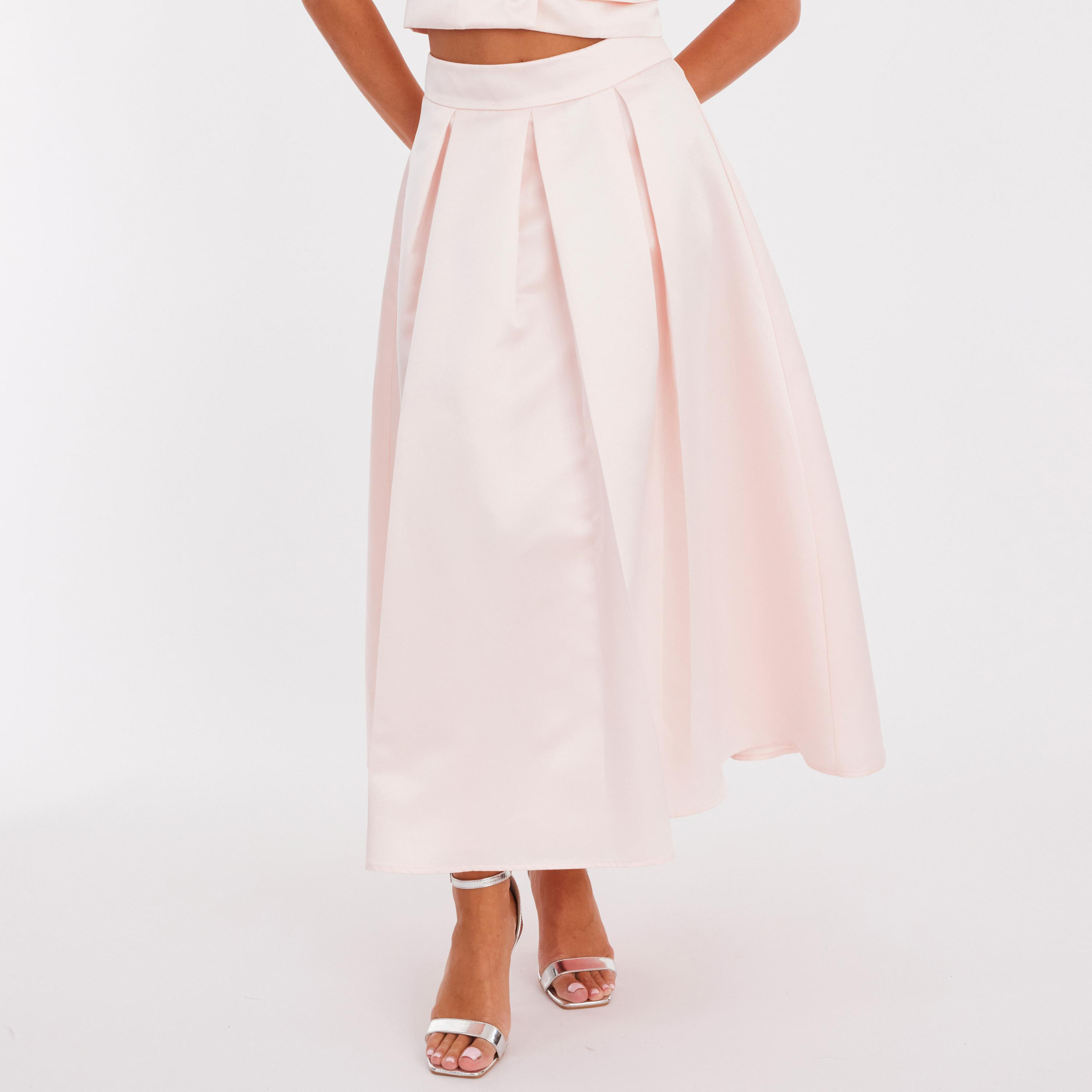تنورة ميدي نسائية "سكيتر" من التافتا المكسر - وردي فاتح من كويز-women-clothing-bottoms-skirts-image-1