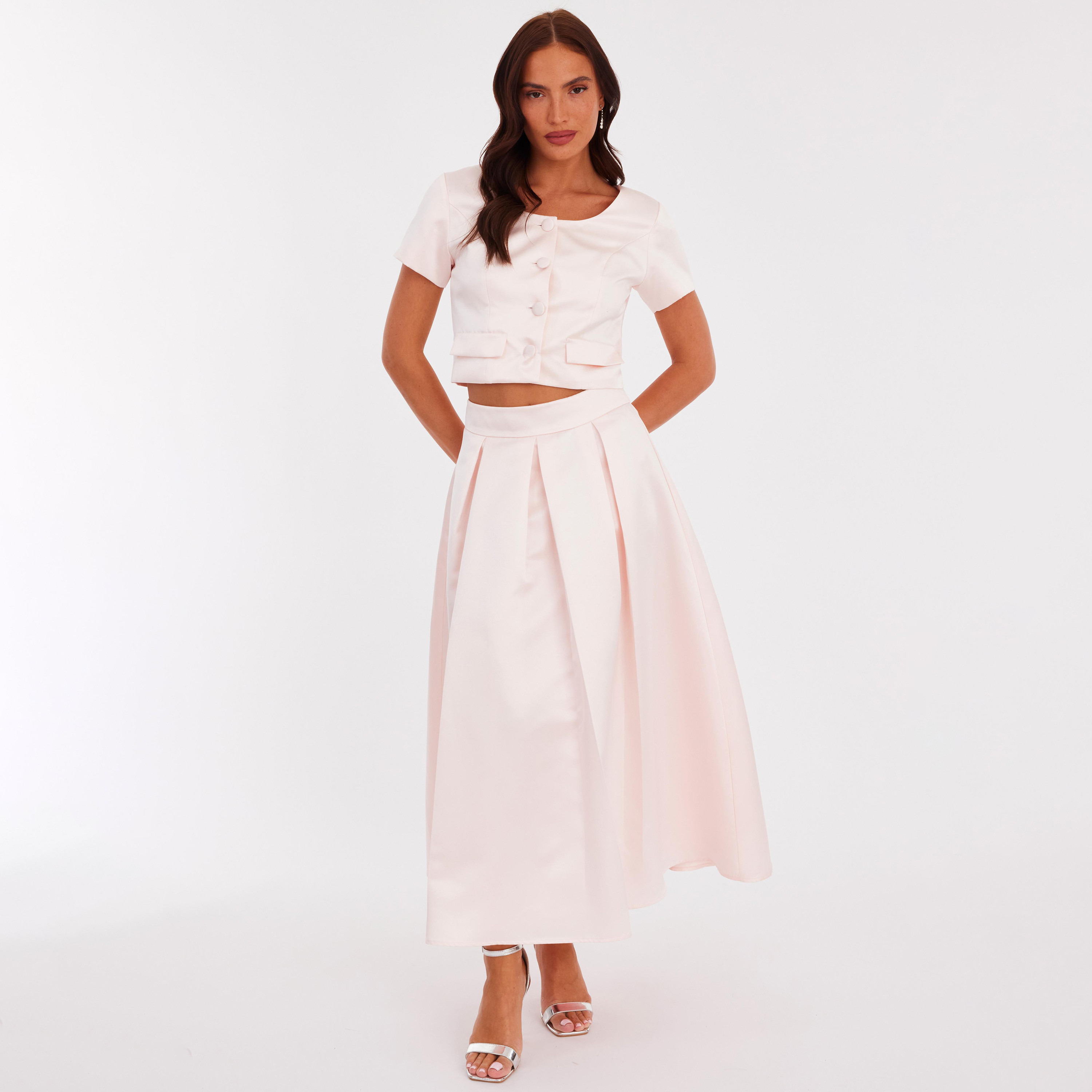 تنورة ميدي نسائية "سكيتر" من التافتا المكسر - وردي فاتح من كويز-women-clothing-bottoms-skirts-image-2