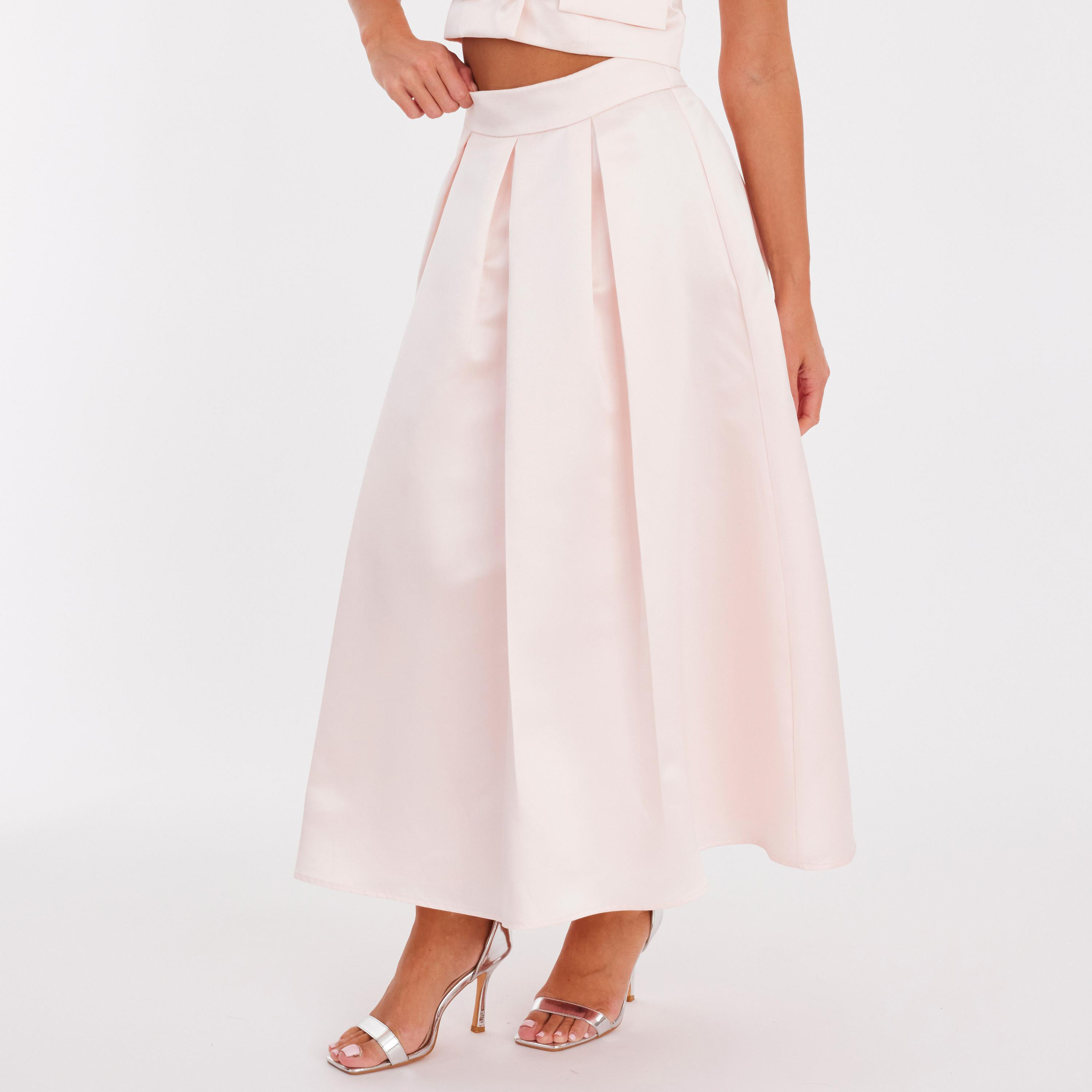 تنورة ميدي نسائية "سكيتر" من التافتا المكسر - وردي فاتح من كويز-women-clothing-bottoms-skirts-image-3