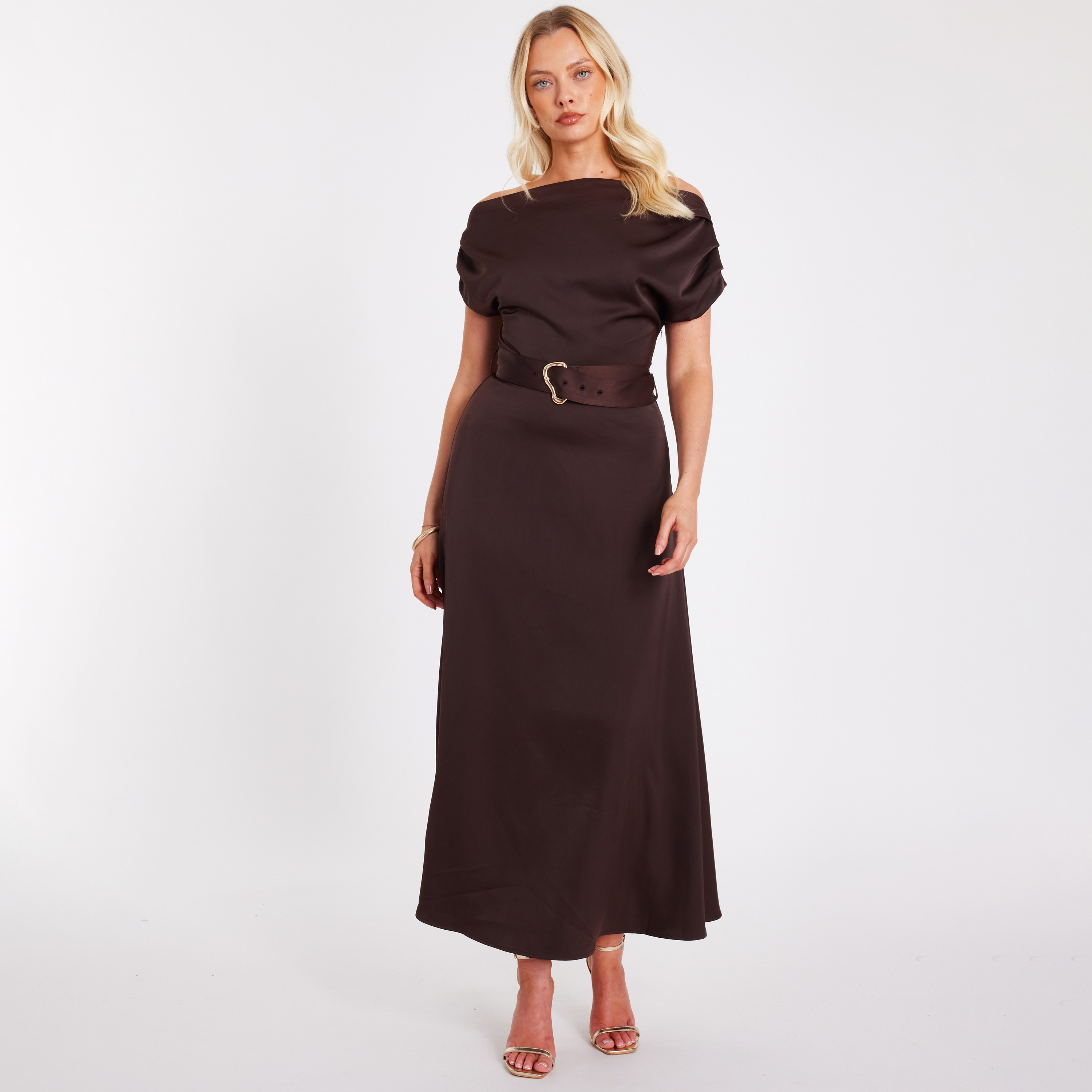 Quiz Brown Satin Off Shoulder Pleated Sleeves Women's Dress-women-clothing-dresses-image-1