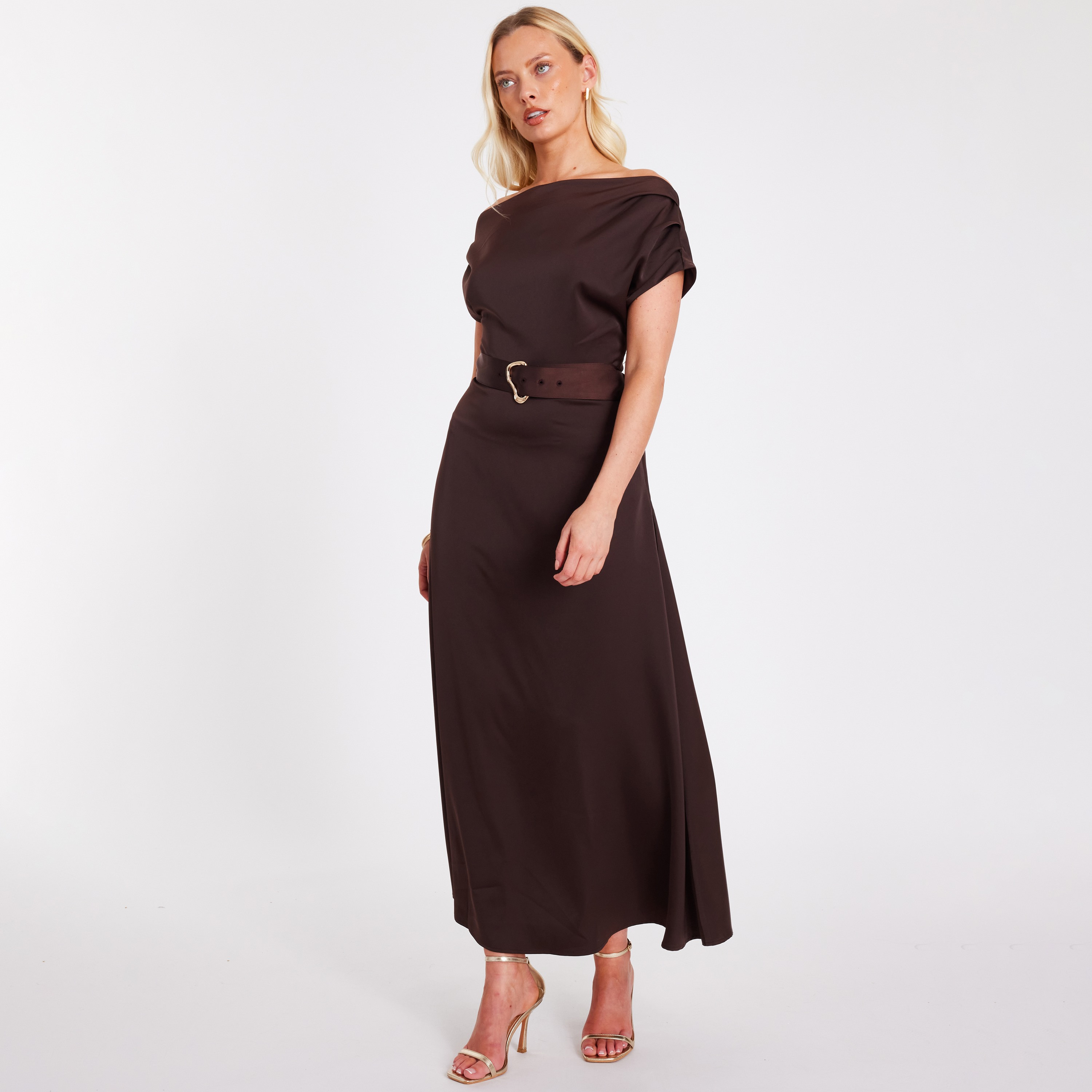 Quiz Brown Satin Off Shoulder Pleated Sleeves Women's Dress-women-clothing-dresses-image-2