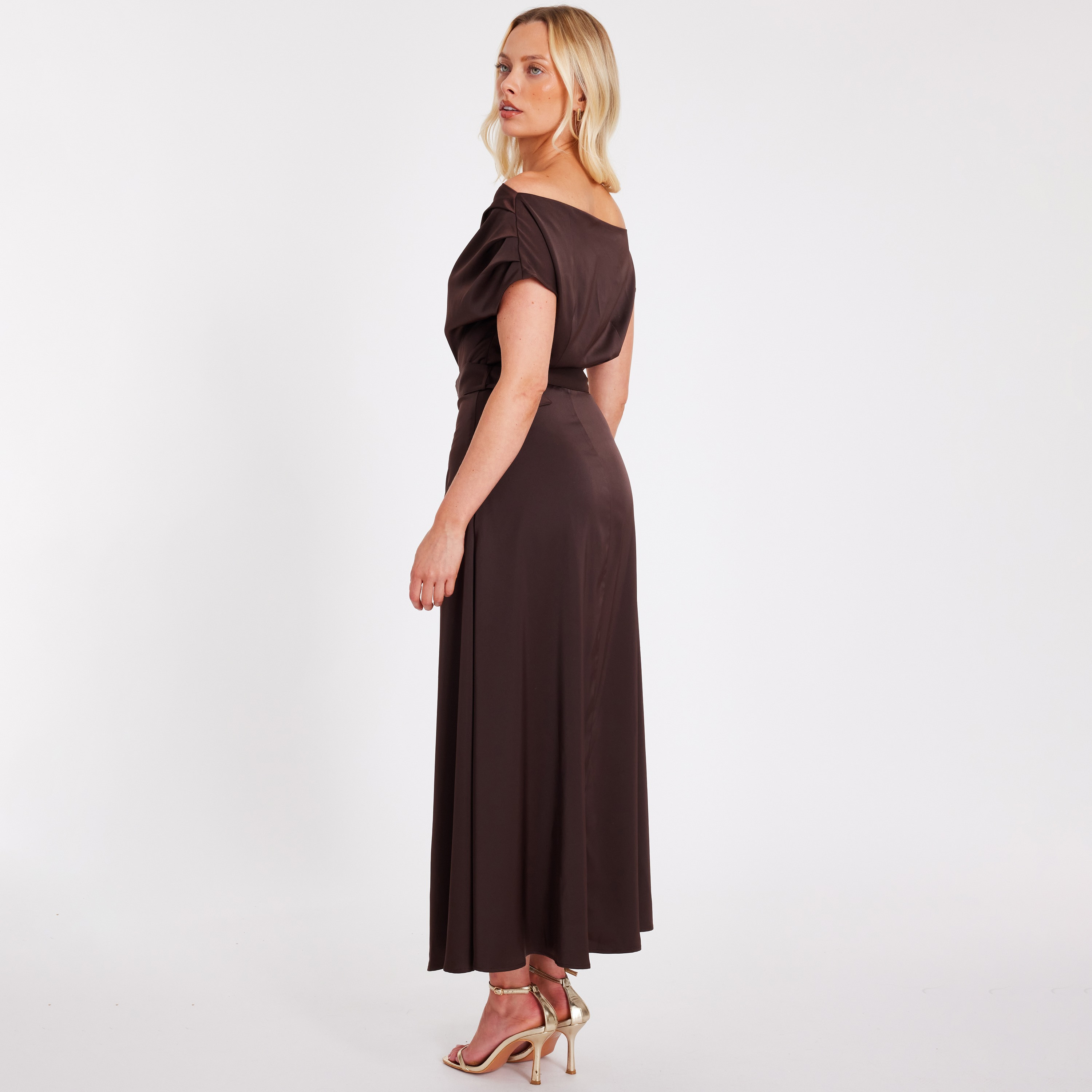 Quiz Brown Satin Off Shoulder Pleated Sleeves Women's Dress-women-clothing-dresses-image-3