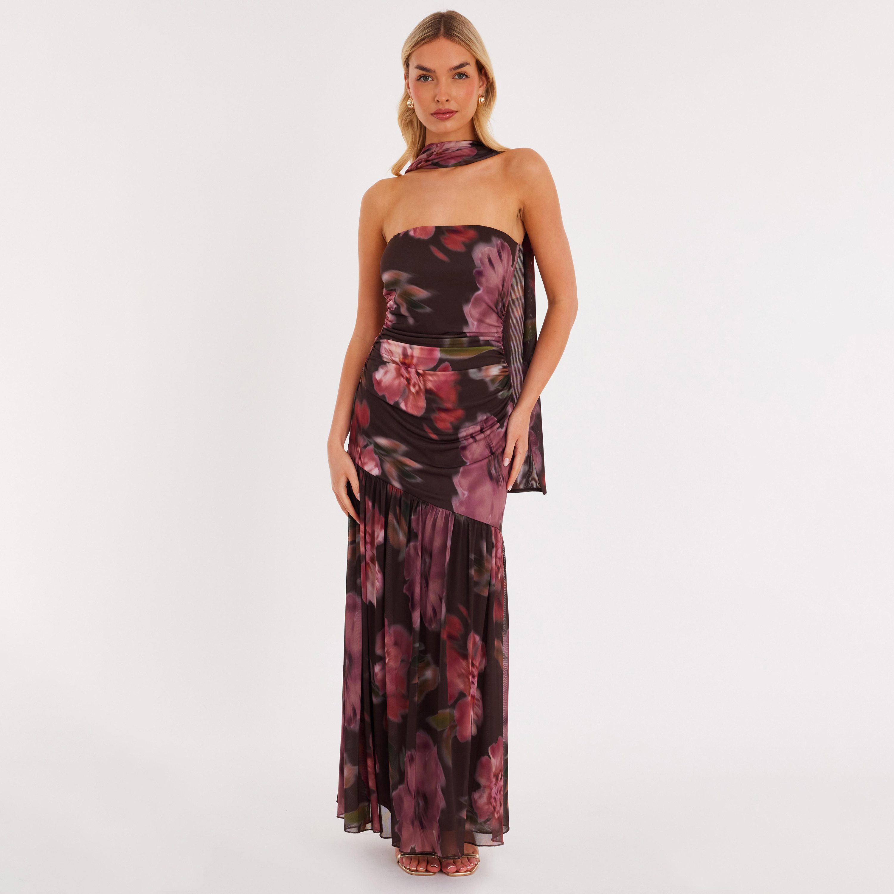 Quiz Brown Ruched & Floral Print ITY Strapless Tube Women's Dress with Scarf-women-clothing-dresses-image-1