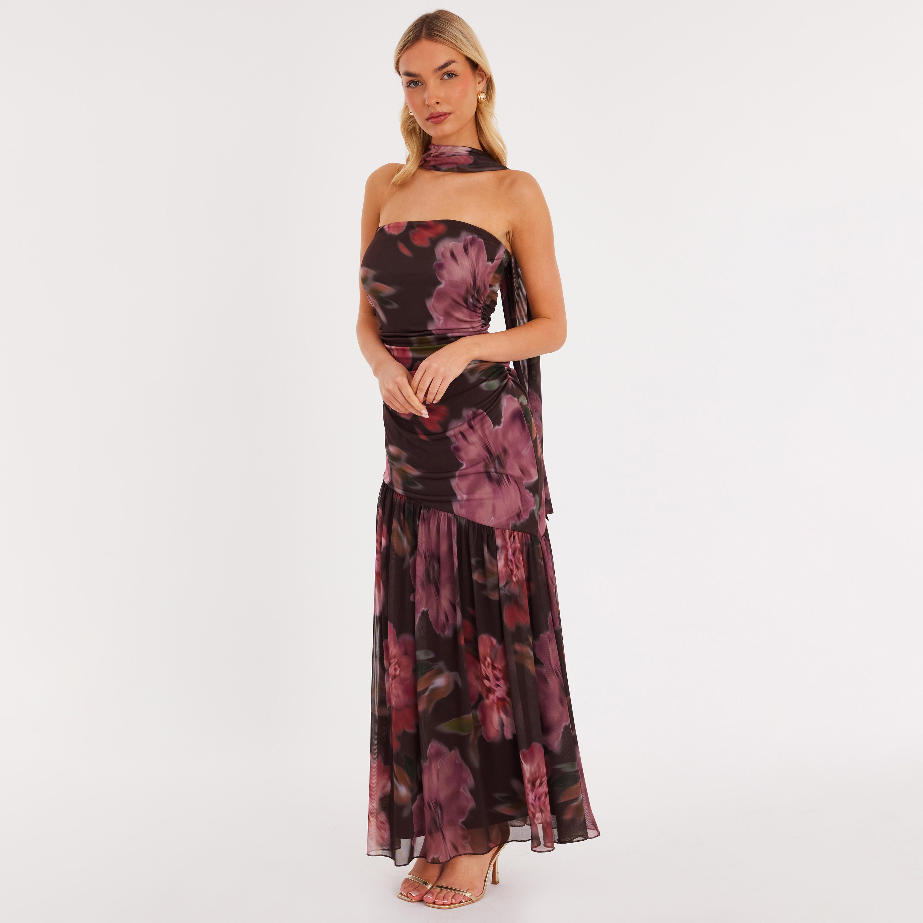 Quiz Brown Ruched & Floral Print ITY Strapless Tube Women's Dress with Scarf-women-clothing-dresses-image-2
