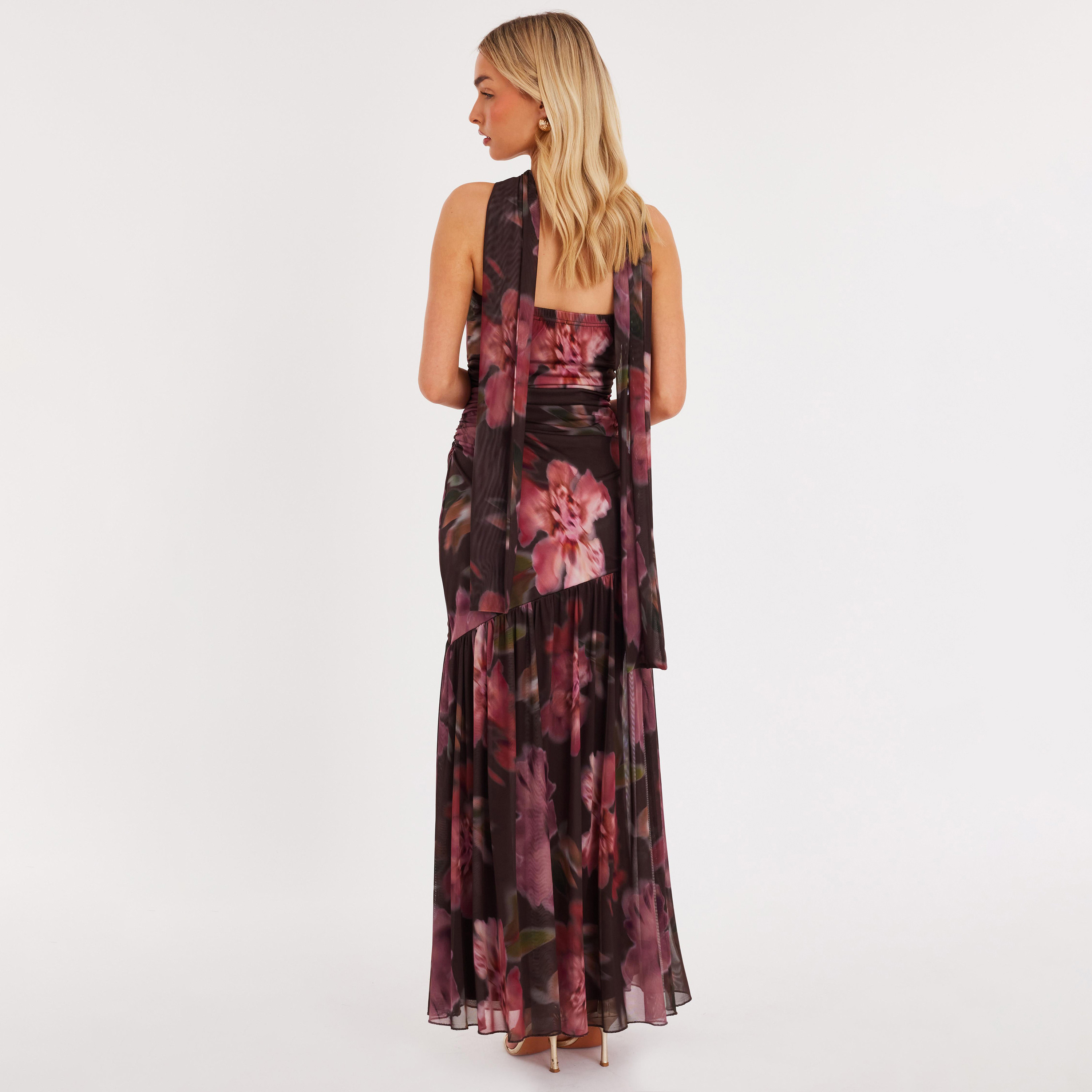 Quiz Brown Ruched & Floral Print ITY Strapless Tube Women's Dress with Scarf-women-clothing-dresses-image-3