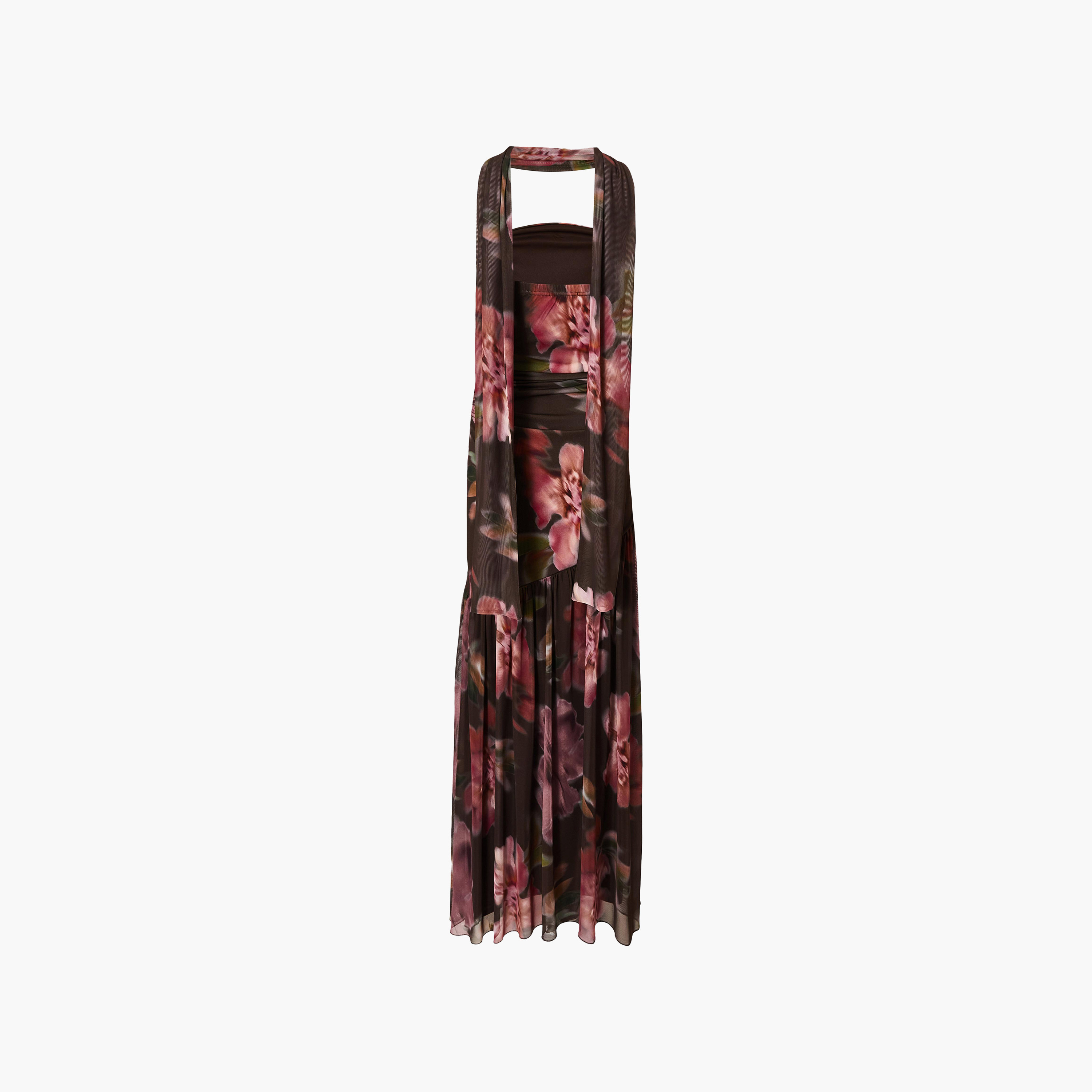 فستان نسائي "تيوب" بدون حمالات مزموم بطبعة زهور قماش ITY مع وشاح - بني من كويز-women-clothing-dresses-image-6