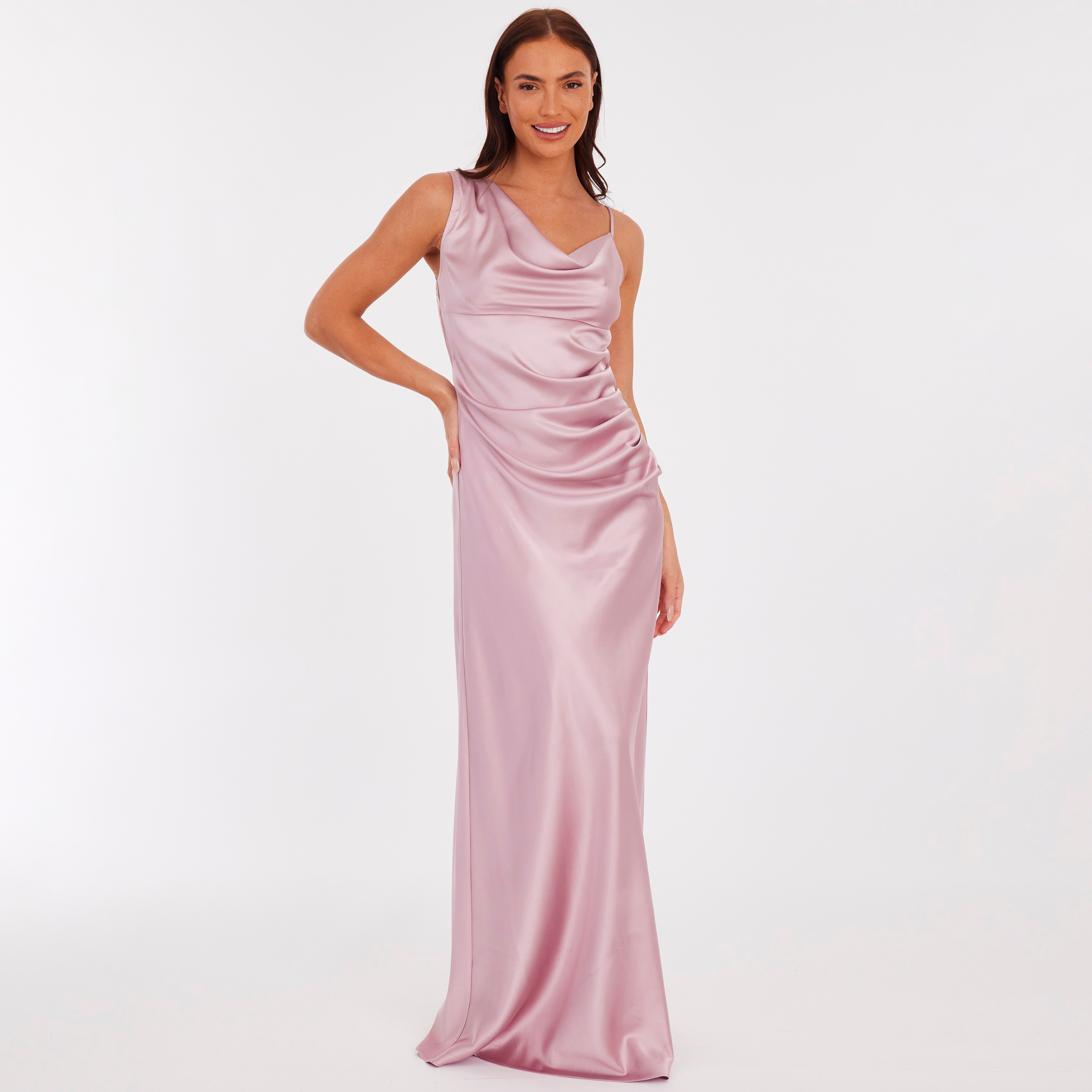 Quiz Blush Ruched Satin Cowl Neck Slip Women's Dress-women-clothing-dresses-image-1