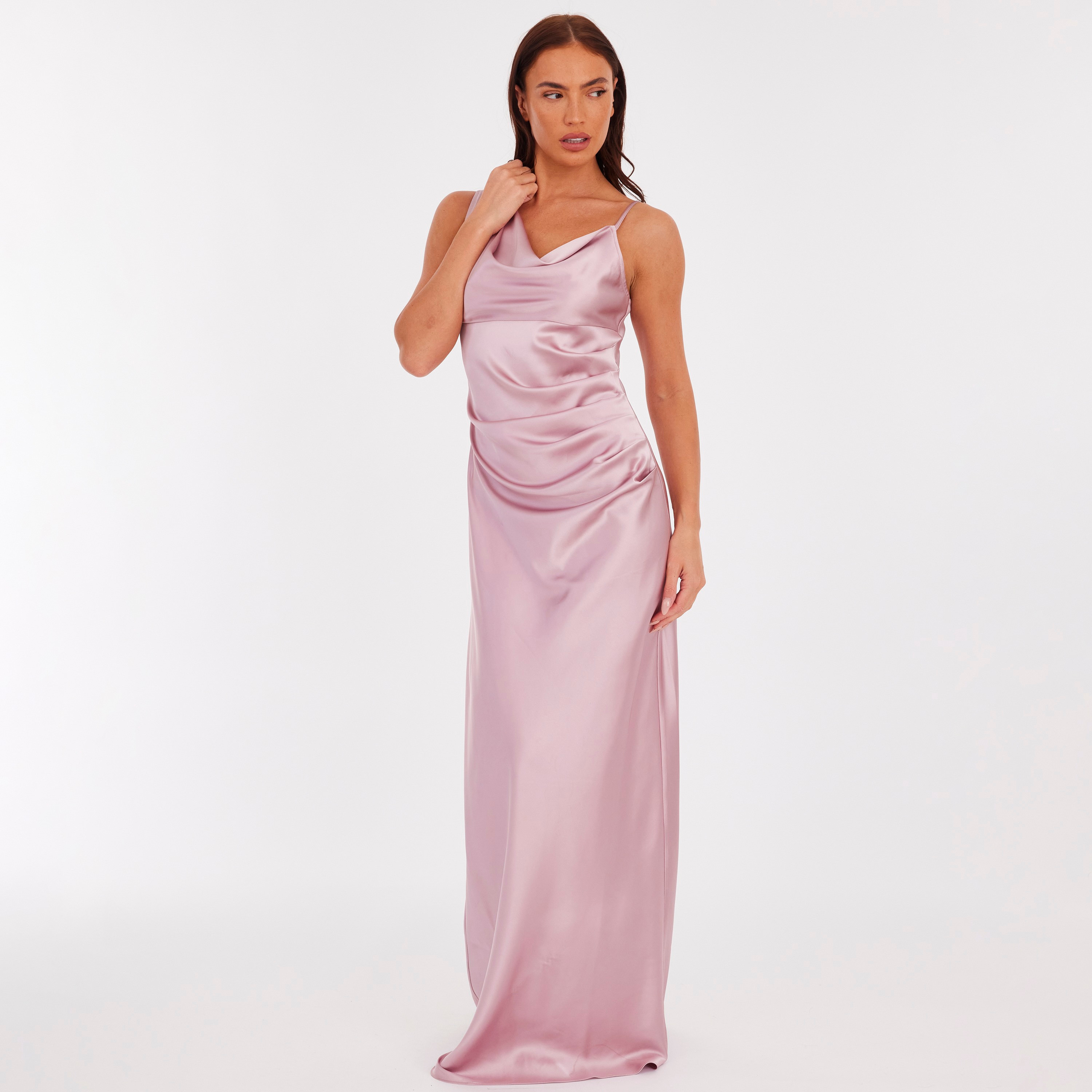 Quiz Blush Ruched Satin Cowl Neck Slip Women's Dress-women-clothing-dresses-image-2
