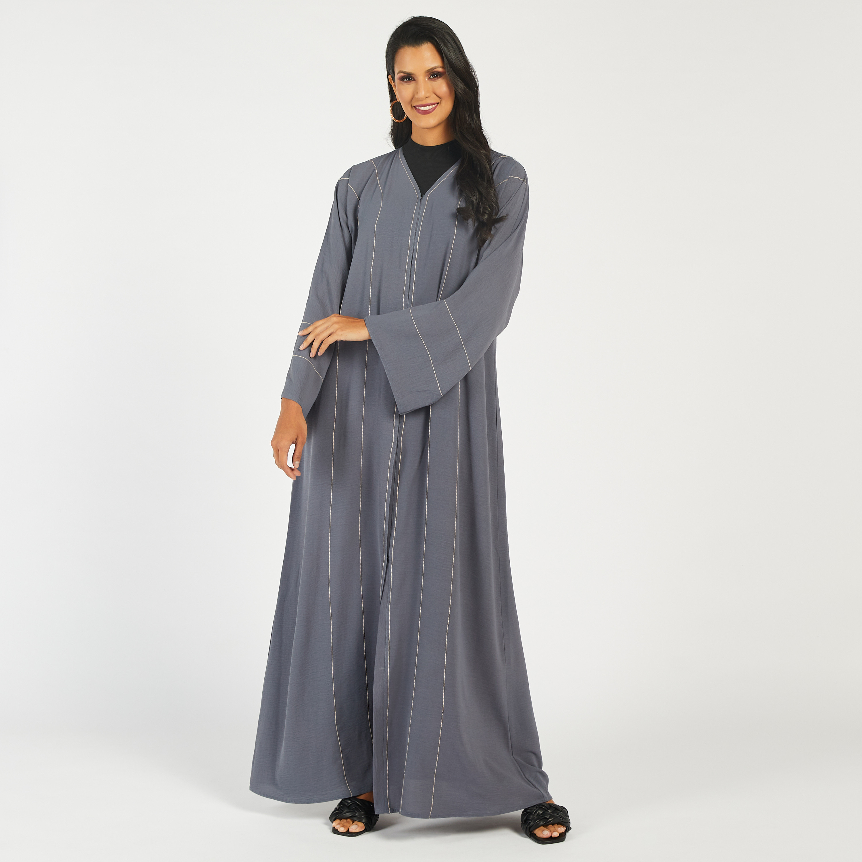 KAPDA Solid Abaya with V-neck and Hijab-women-arabicclothing-abayas-image-2