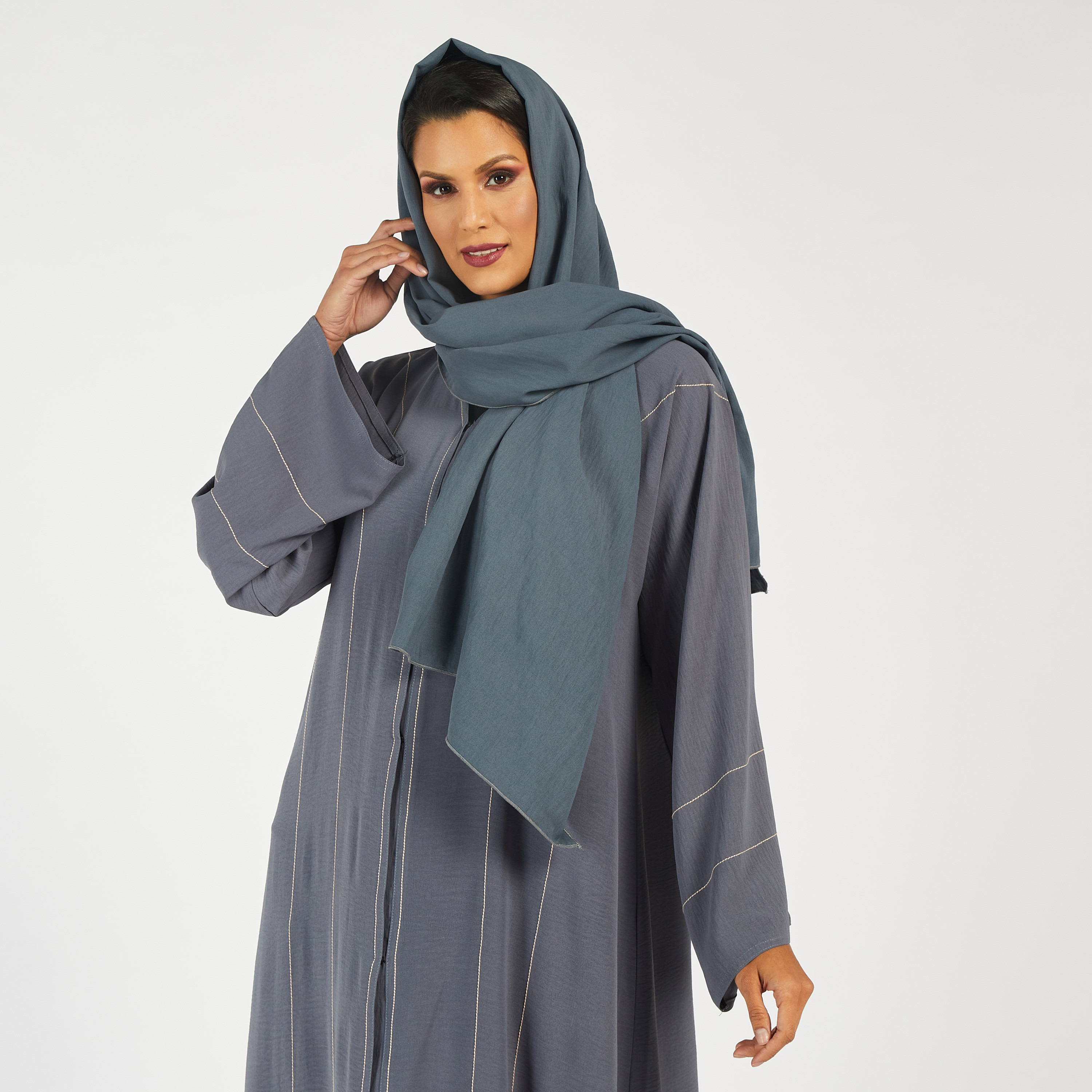 KAPDA Solid Abaya with V-neck and Hijab-women-arabicclothing-abayas-image-3