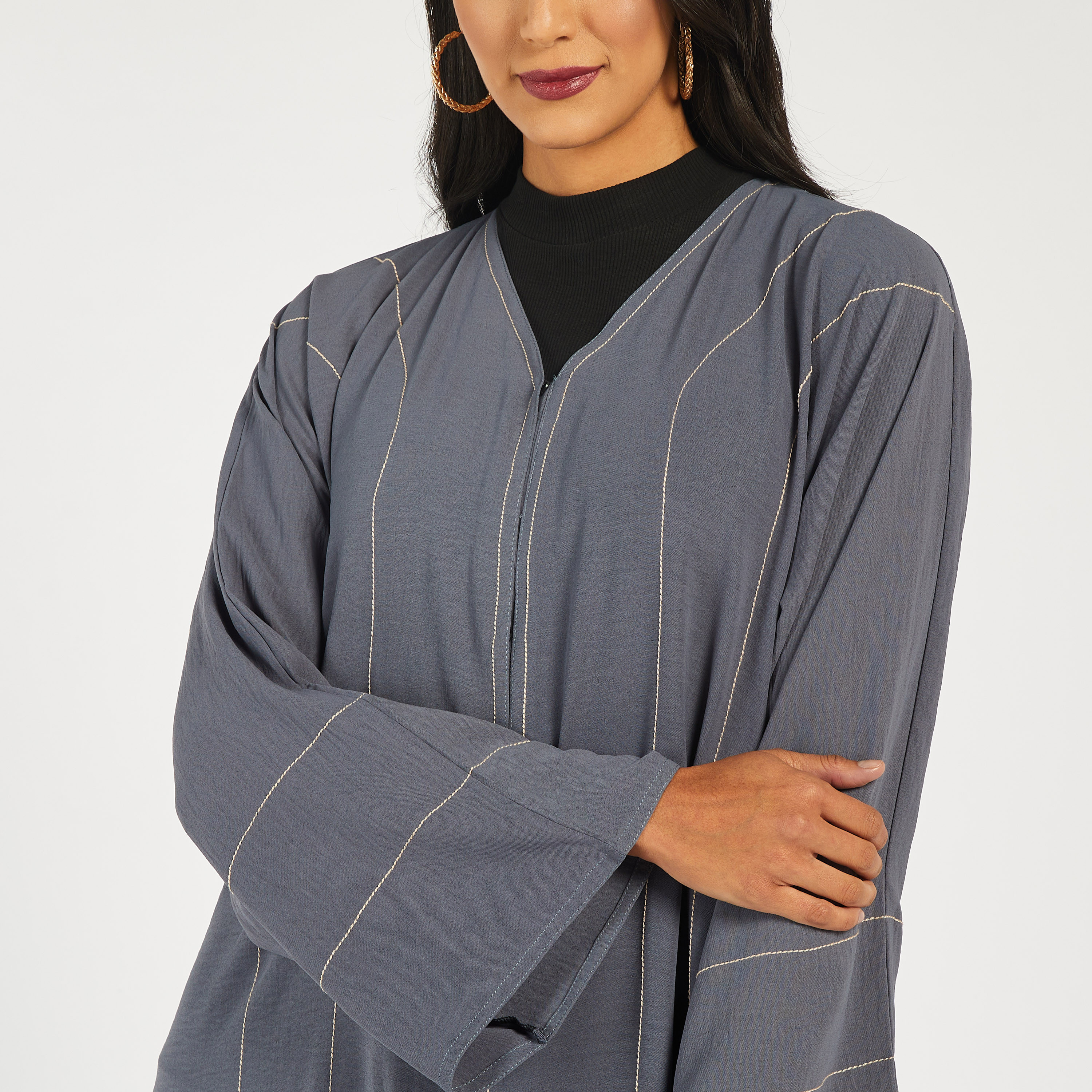 KAPDA Solid Abaya with V-neck and Hijab-women-arabicclothing-abayas-image-4