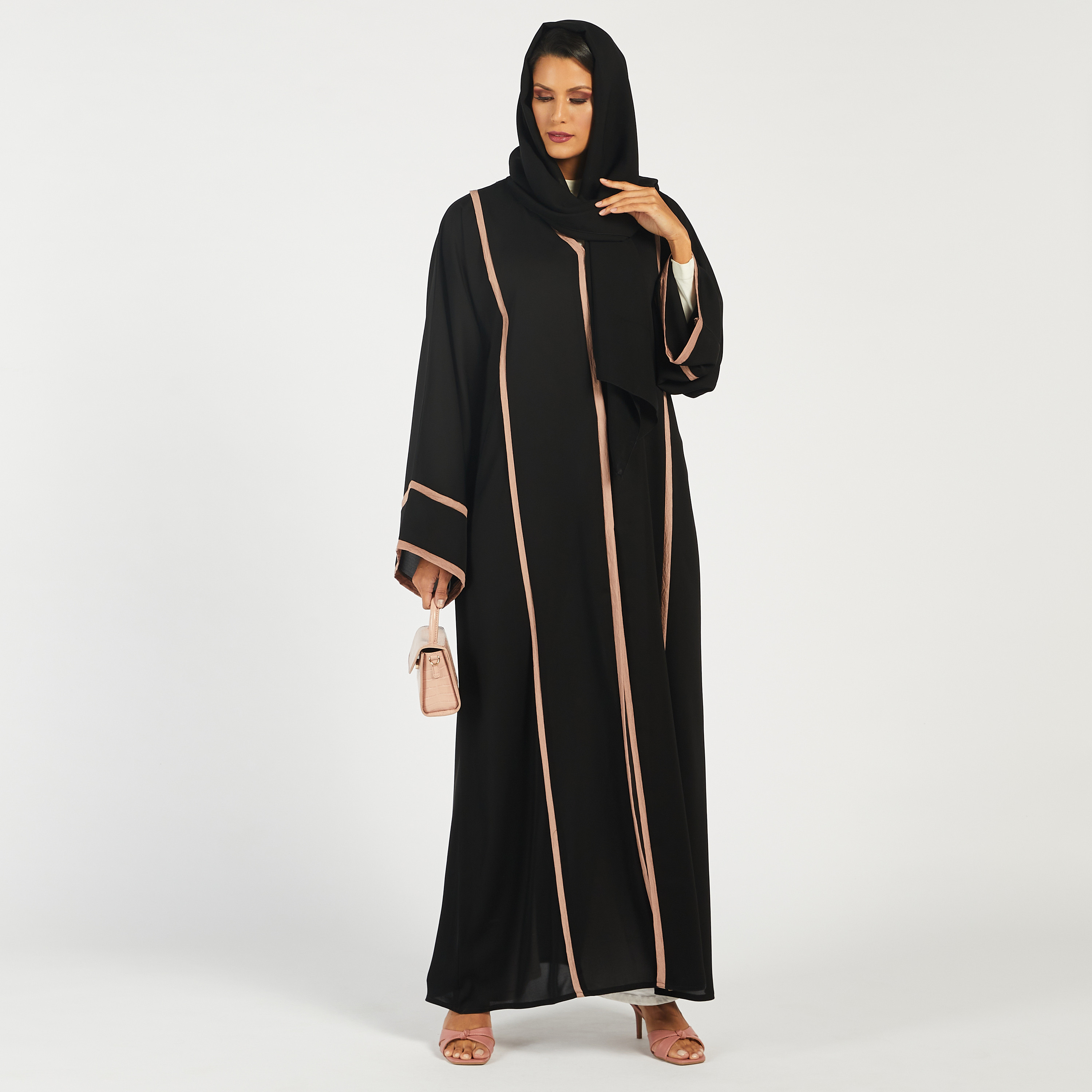 KAPDA Panelled Abaya with V-neck and Hijab-women-arabicclothing-abayas-image-1