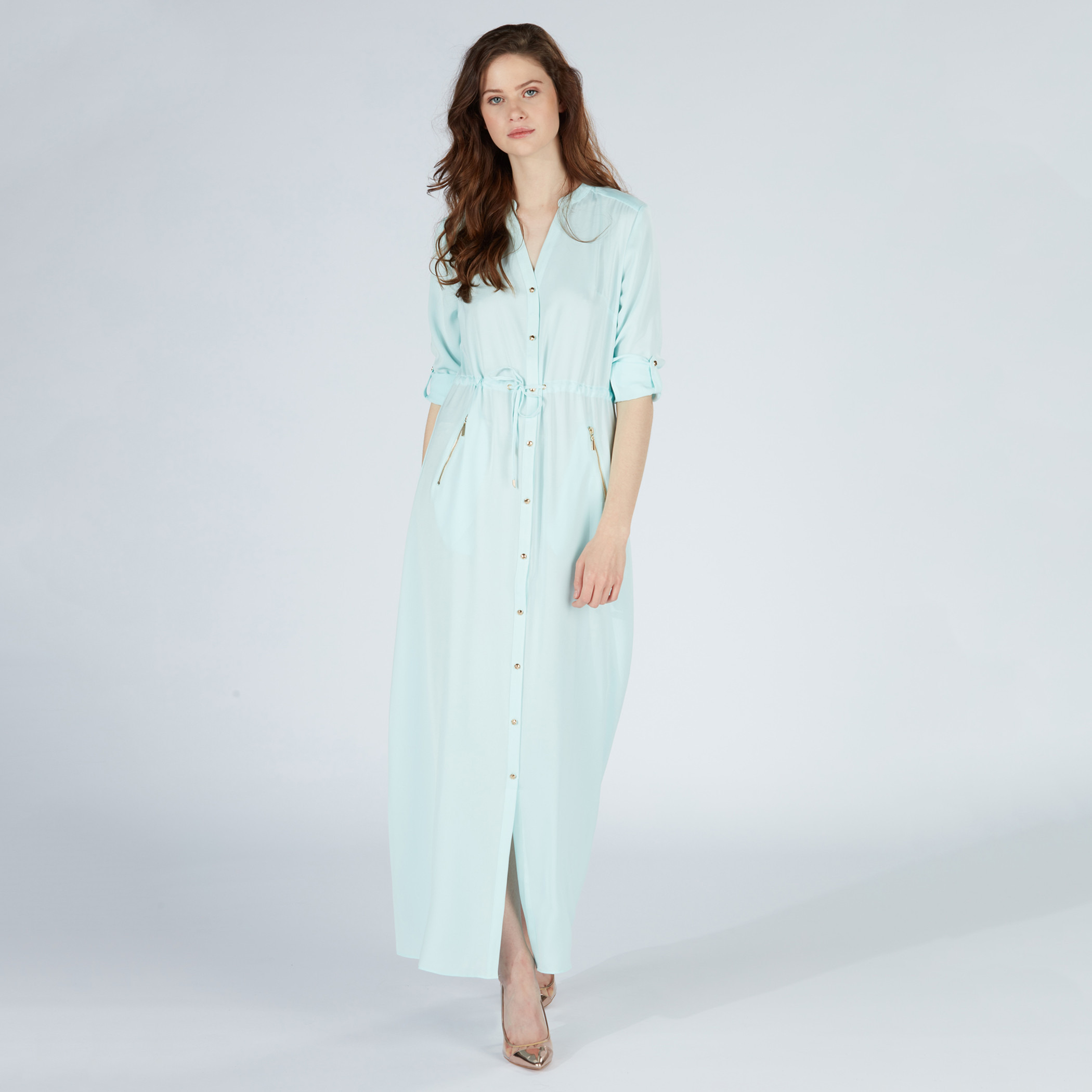 Buy Iconic Zip Detail Maxi Shirt Dress with Tie Up Belt Splash UAE