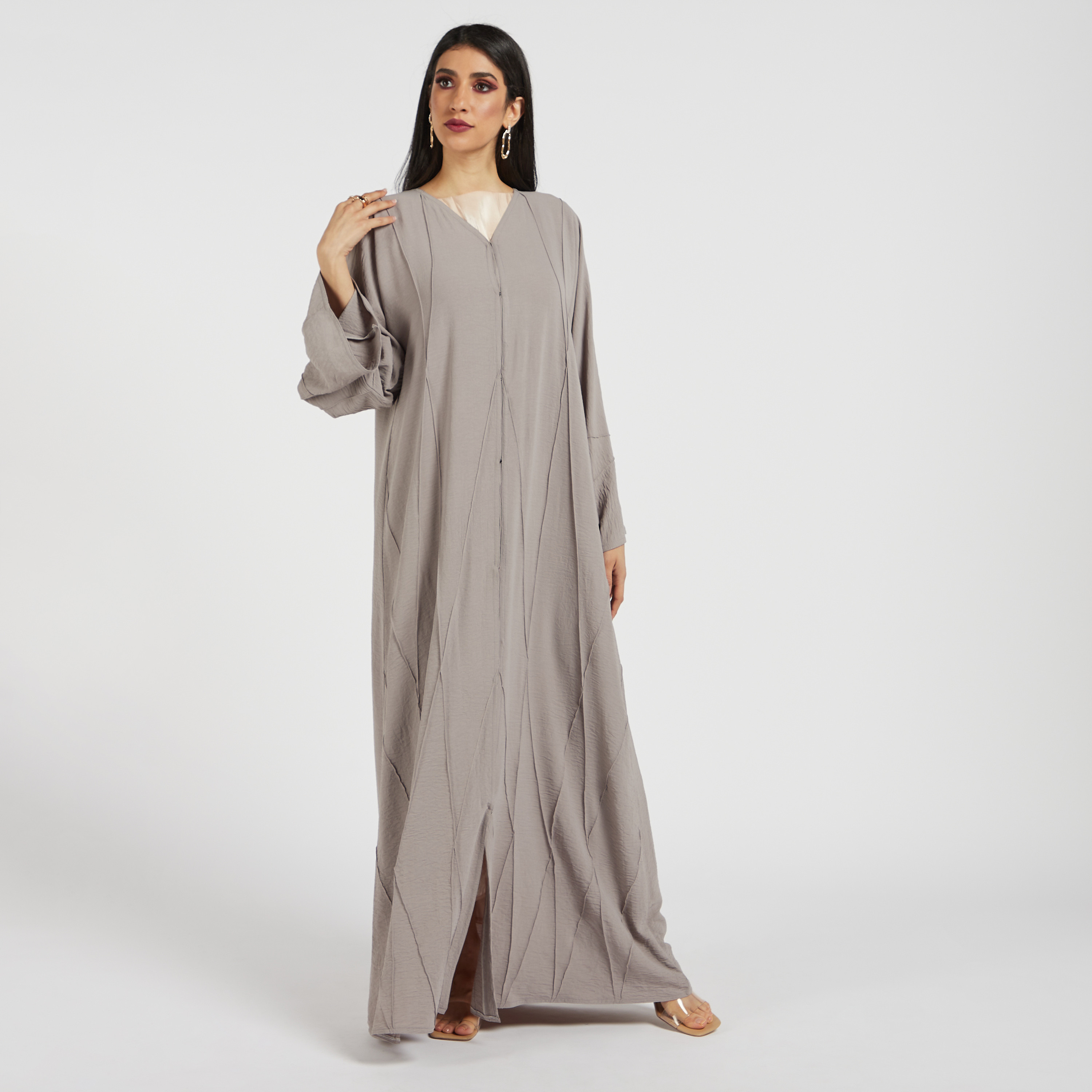 عباية بارزة الملمس بياقة v وحجاب من كابدا-women-arabicclothing-abayas-image-2