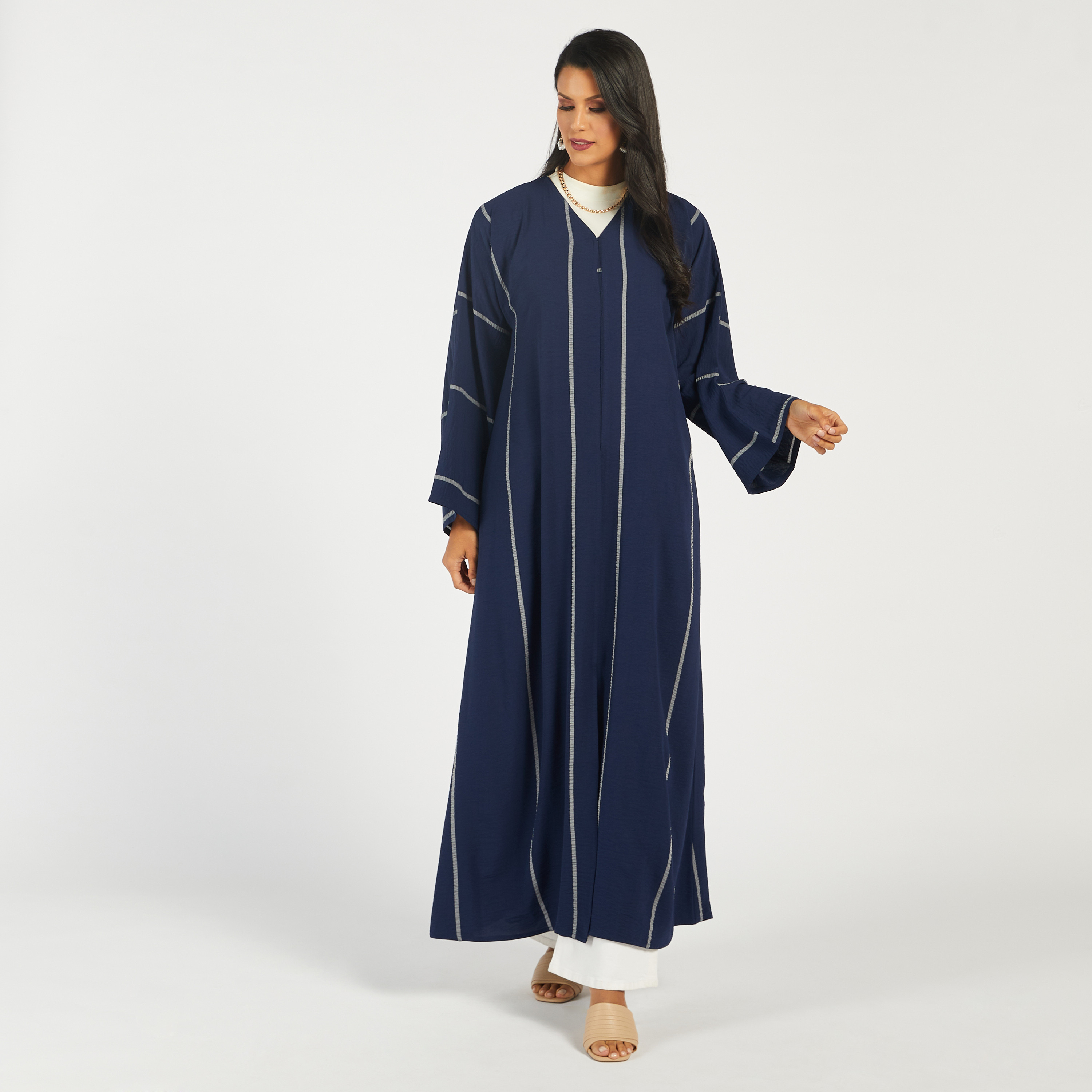 KAPDA Striped Abaya with V-neck with Hijab-women-arabicclothing-abayas-image-2