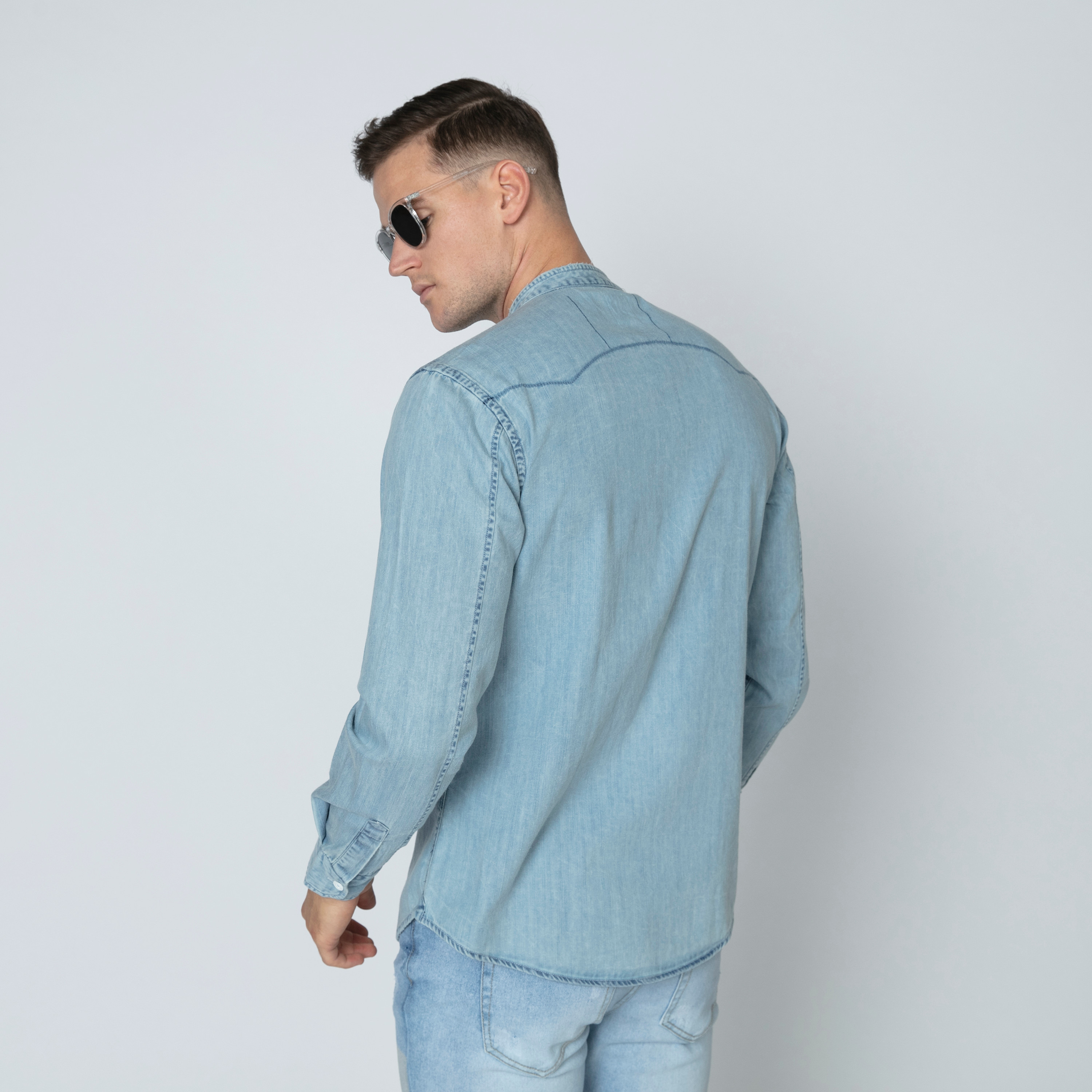 Buy Men's Iconic Denim Shirt with Mandarin Collar and Long Sleeves