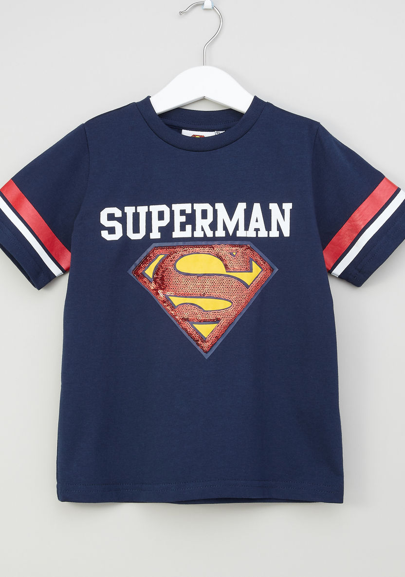Iconic Sequin Detail Superman T-shirt with Round Neck-T Shirts-image-0