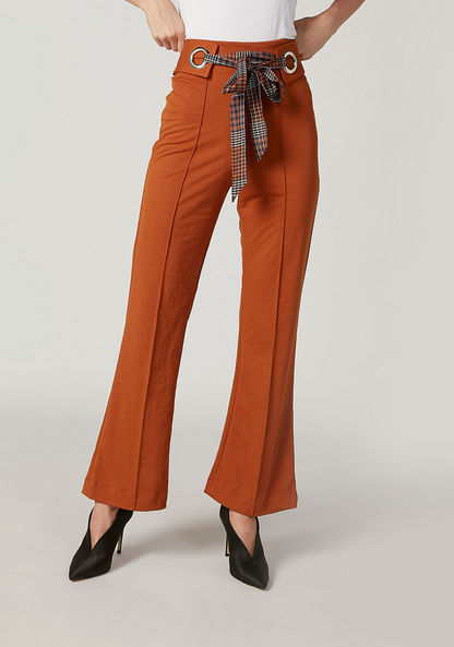 Iconic Plain Mid Waist Trousers with Tie Ups