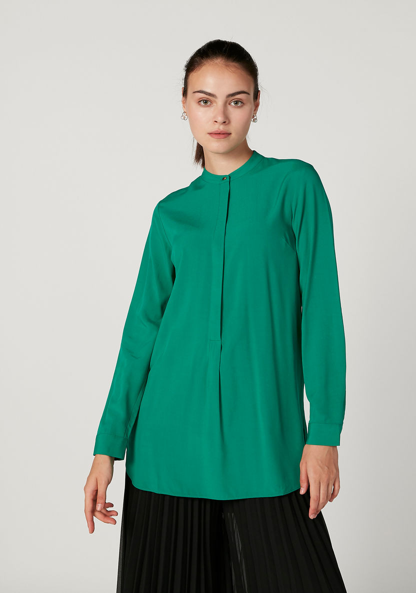 Iconic Plain Top with Mandarin Collar and Long Sleeves-Shirts & Blouses-image-0