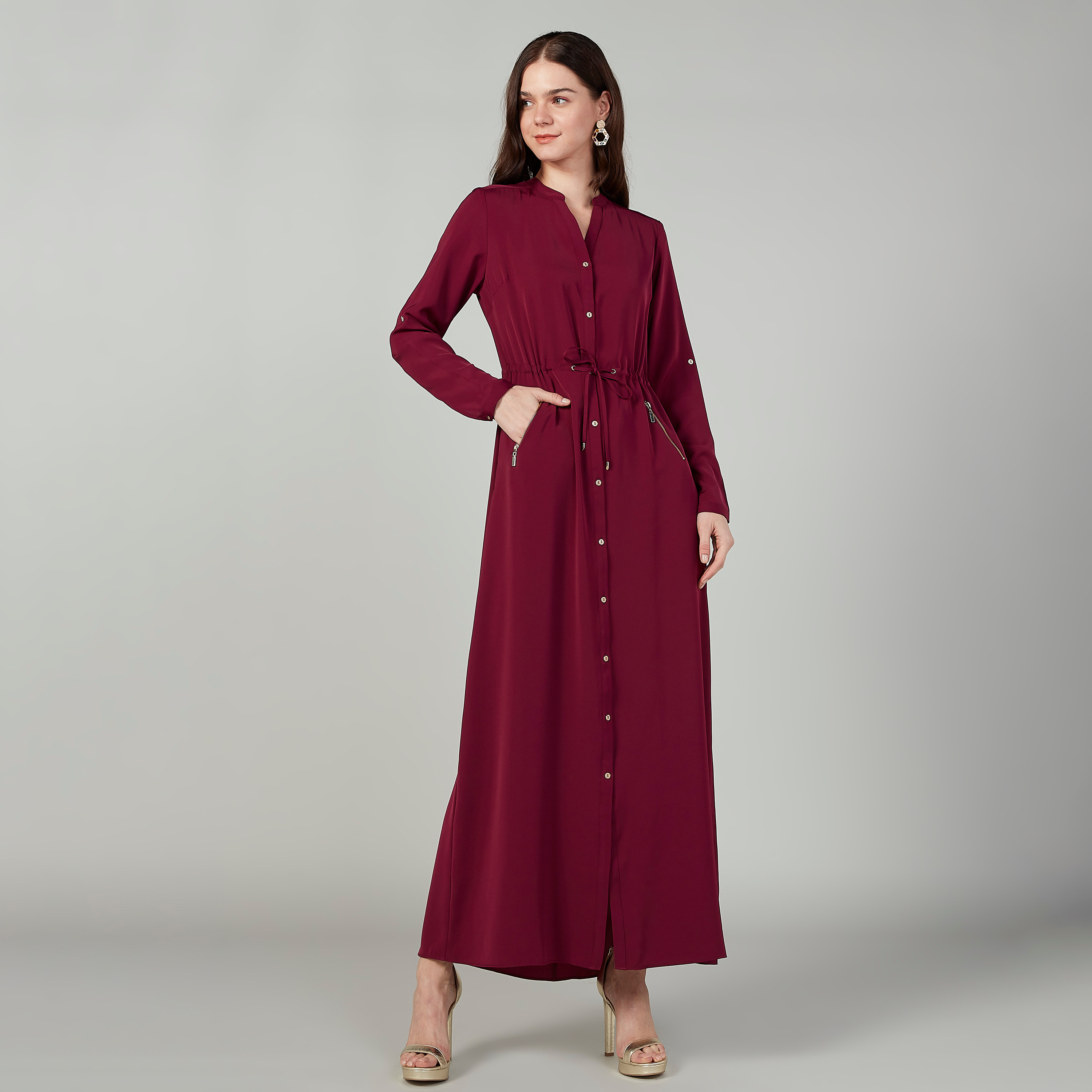 Iconic Plain Maxi Shirt Dress with Long Sleeves and Pocket Detail-women-clothing-dresses-image-1