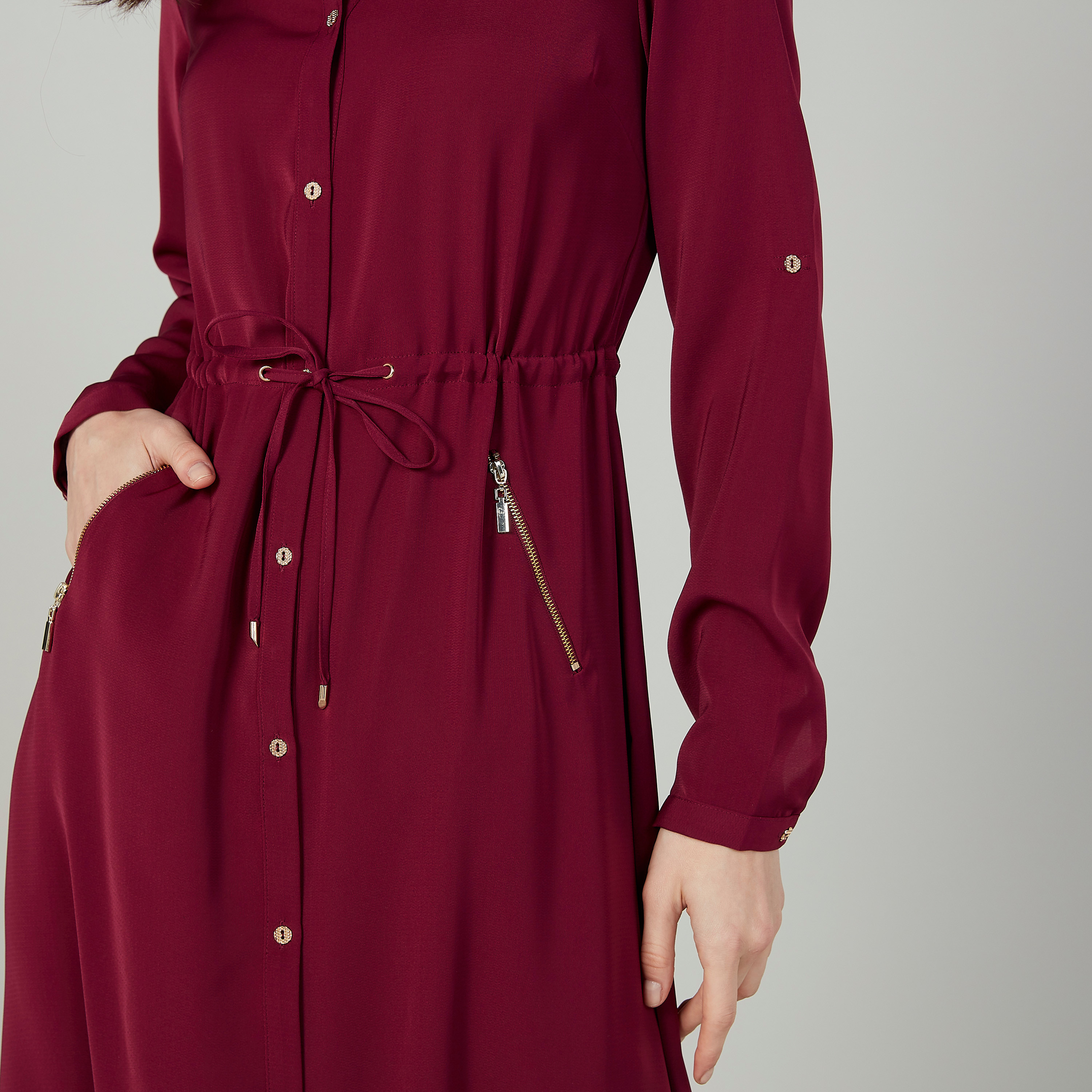 فستان قميص طويل سادة بأكمام طويلة وجيوب من آيكونيك-women-clothing-dresses-image-3
