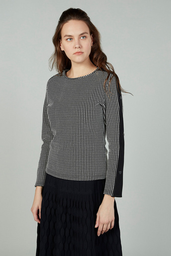 Checked Boat Neck Top with Long Sleeves