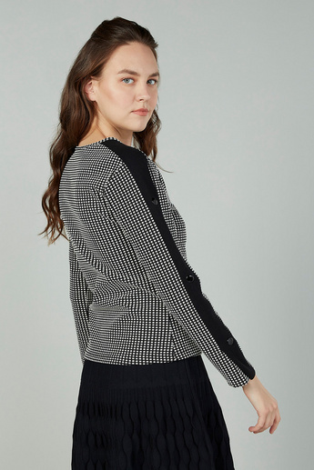 Checked Boat Neck Top with Long Sleeves