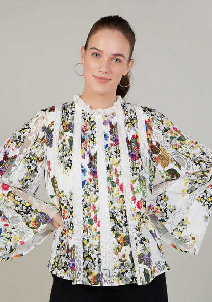 Iconic Floral Printed Top with High Neck and Flared Sleeves
