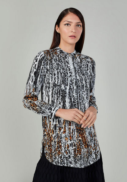 Iconic Animal Printed Top with Mandarin Collar and Long Sleeves
