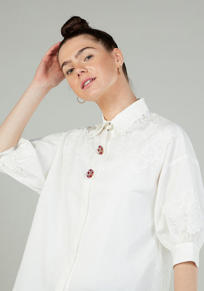 Iconic Textured Top with Spread Collar and Short Sleeves