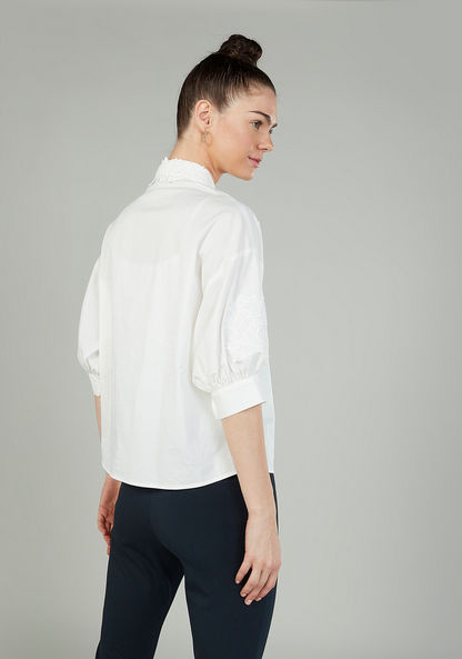 Iconic Textured Top with Spread Collar and Short Sleeves