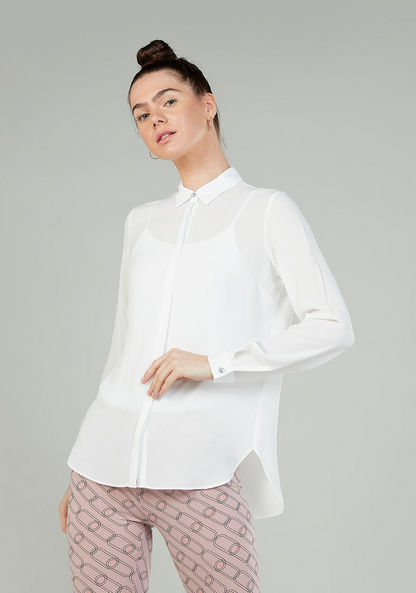 Iconic Plain Longline Top with Spread Collar and Long Sleeves